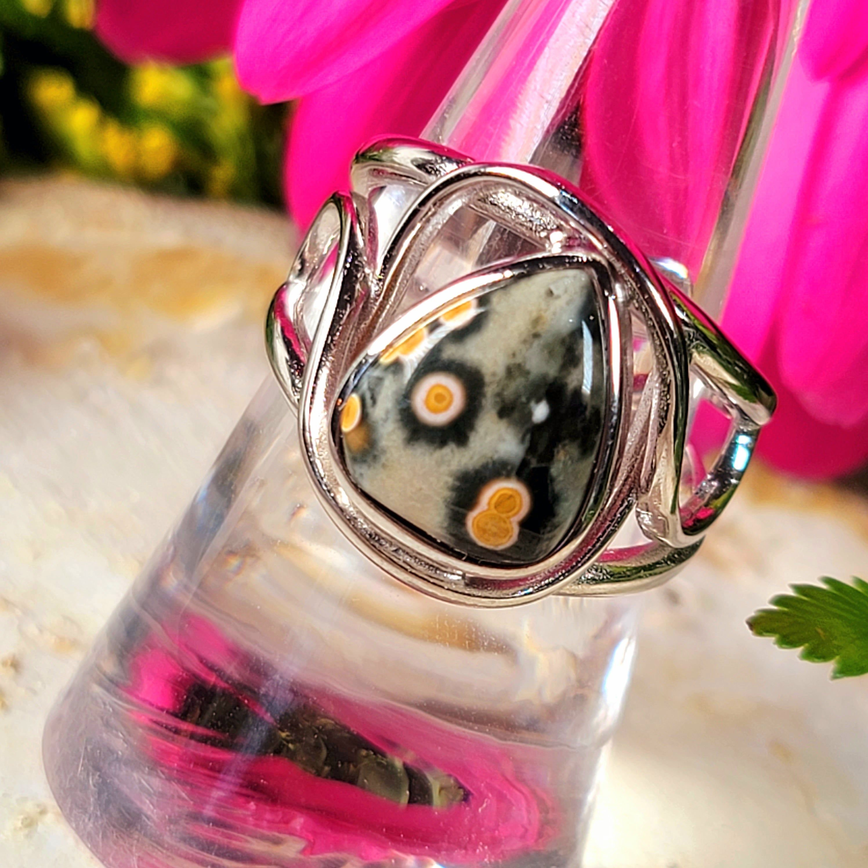 Orbicular "Ocean" Jasper Finger Cuff Adjustable Ring .925 Silver for Joy and Peace