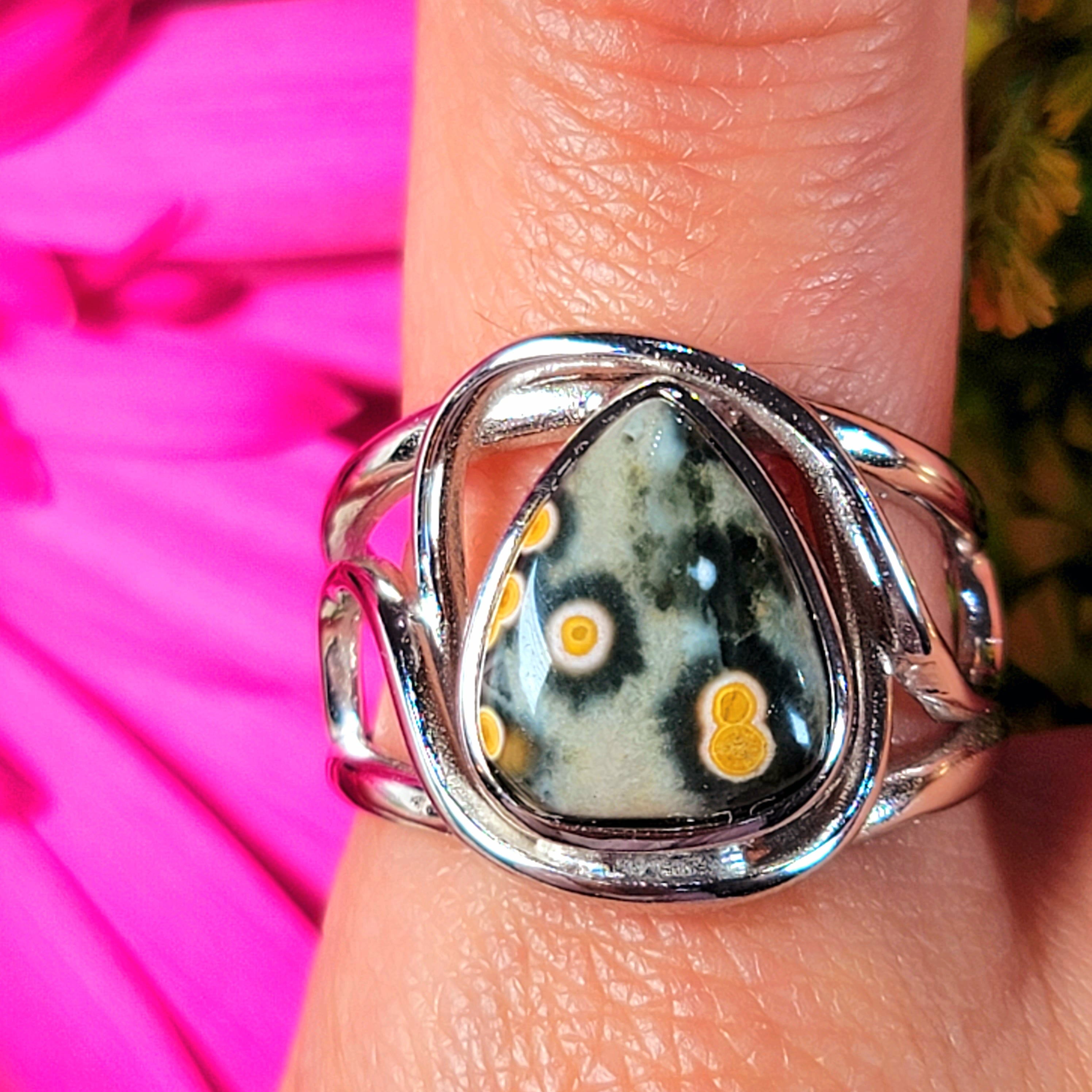 Orbicular "Ocean" Jasper Finger Cuff Adjustable Ring .925 Silver for Joy and Peace