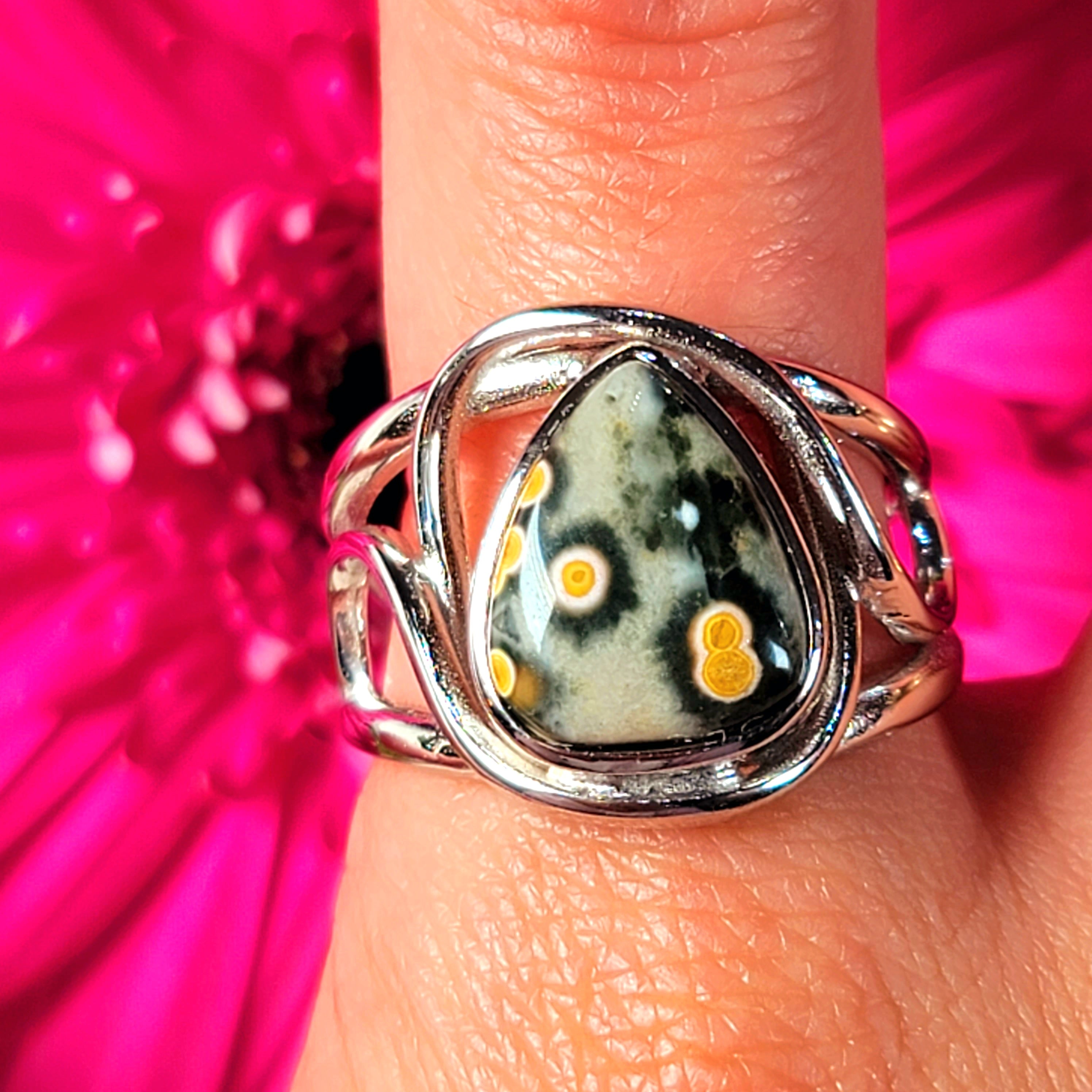 Orbicular "Ocean" Jasper Finger Cuff Adjustable Ring .925 Silver for Joy and Peace