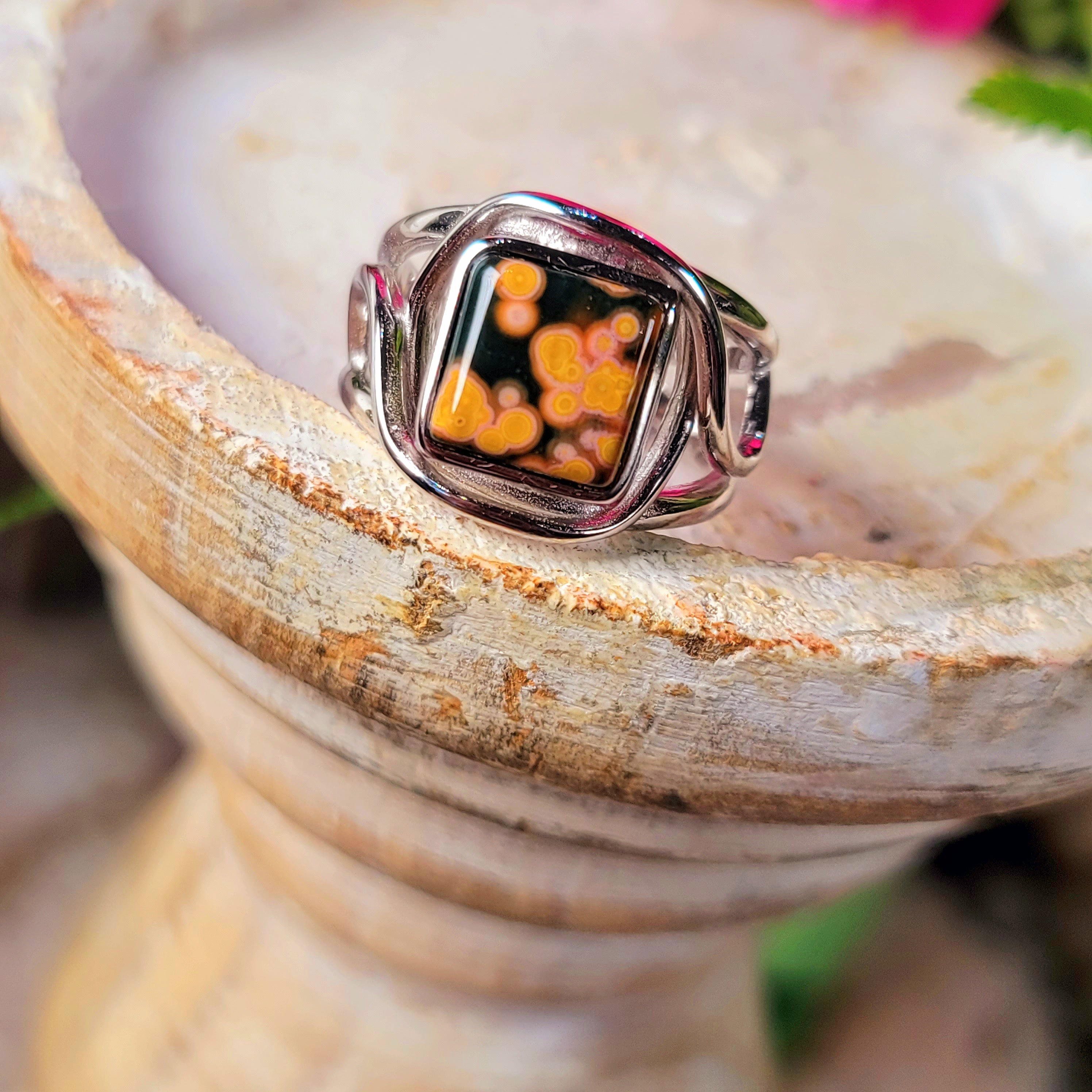 Orbicular "Ocean" Jasper Finger Cuff Adjustable Ring .925 Silver for Joy and Peace