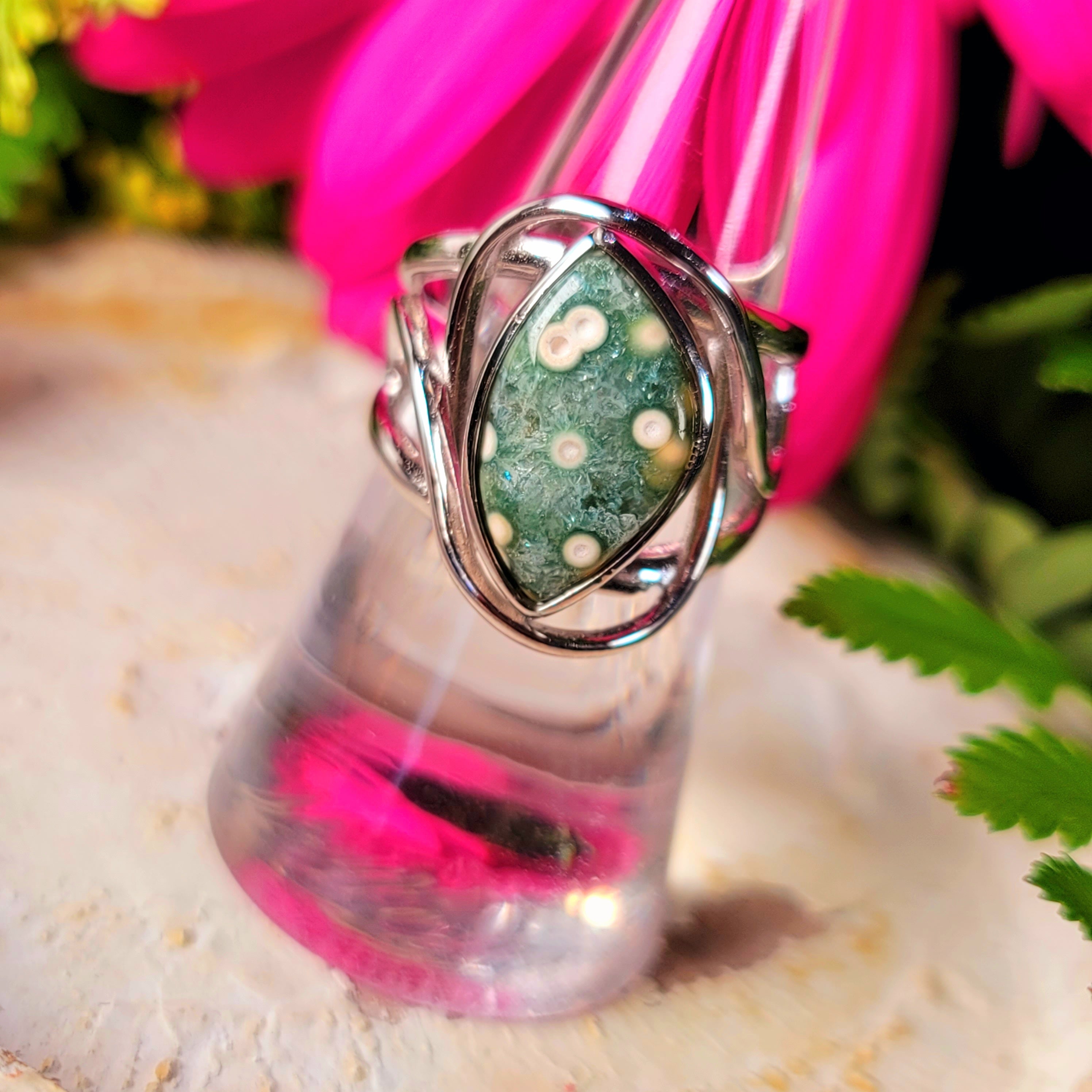 Orbicular "Ocean" Jasper Finger Cuff Adjustable Ring .925 Silver for Joy and Peace