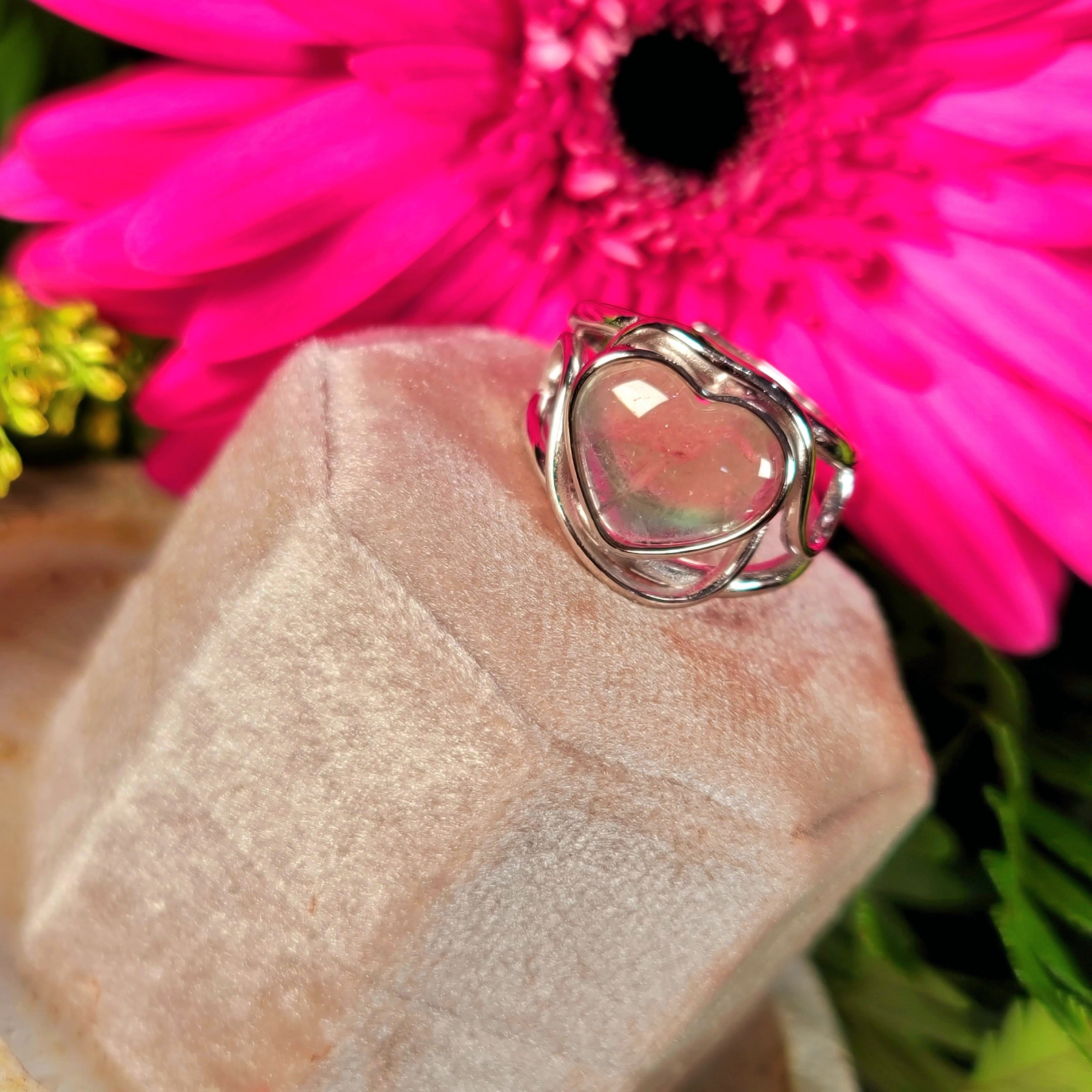 Cotton Candy Tourmaline Heart Adjustable Finger Cuff Ring .925 Silver for Improving Relationships with Compassion and Communication