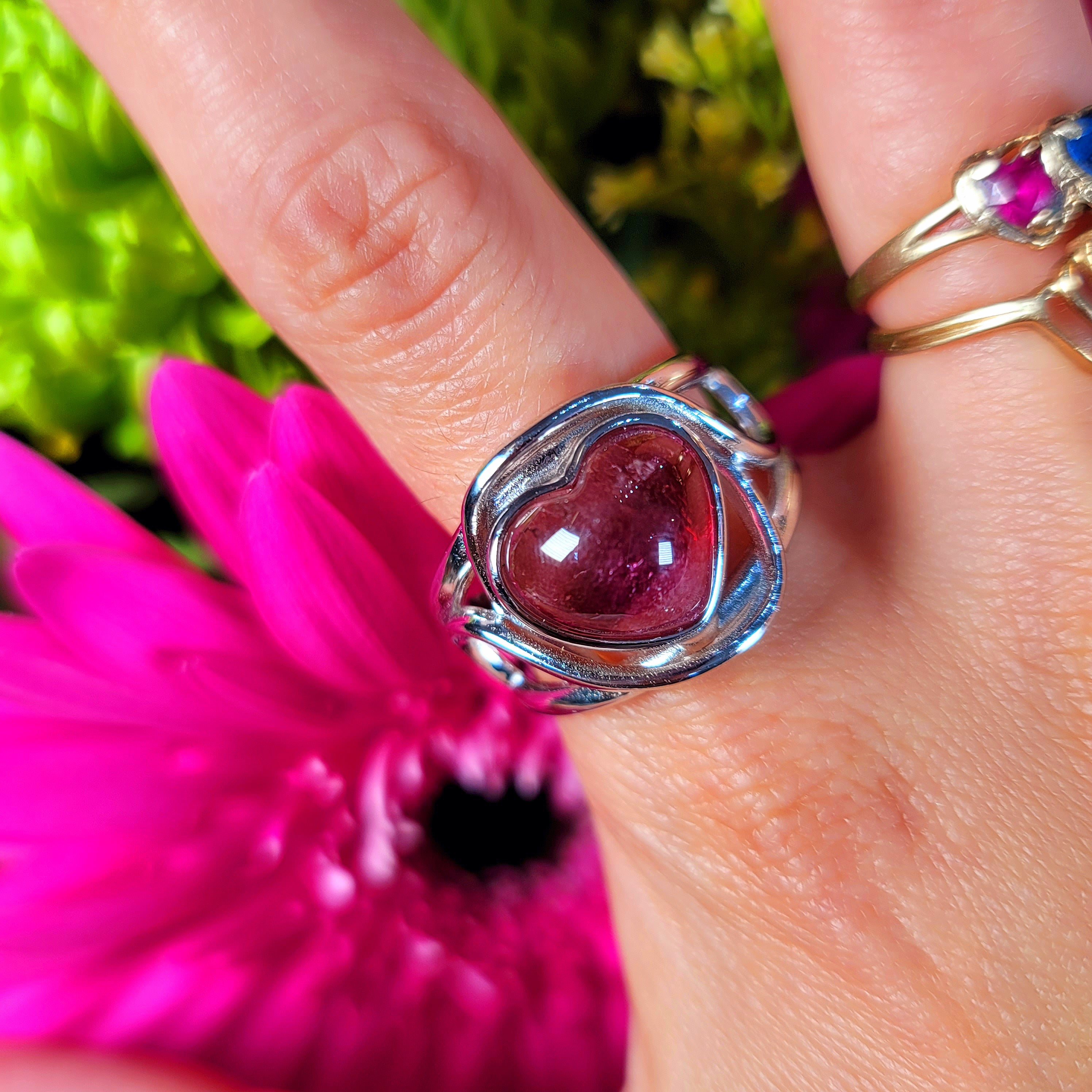 Watermelon Tourmaline Heart Adjustable Finger Cuff Ring .925 Silver for Healing, Joy and Love