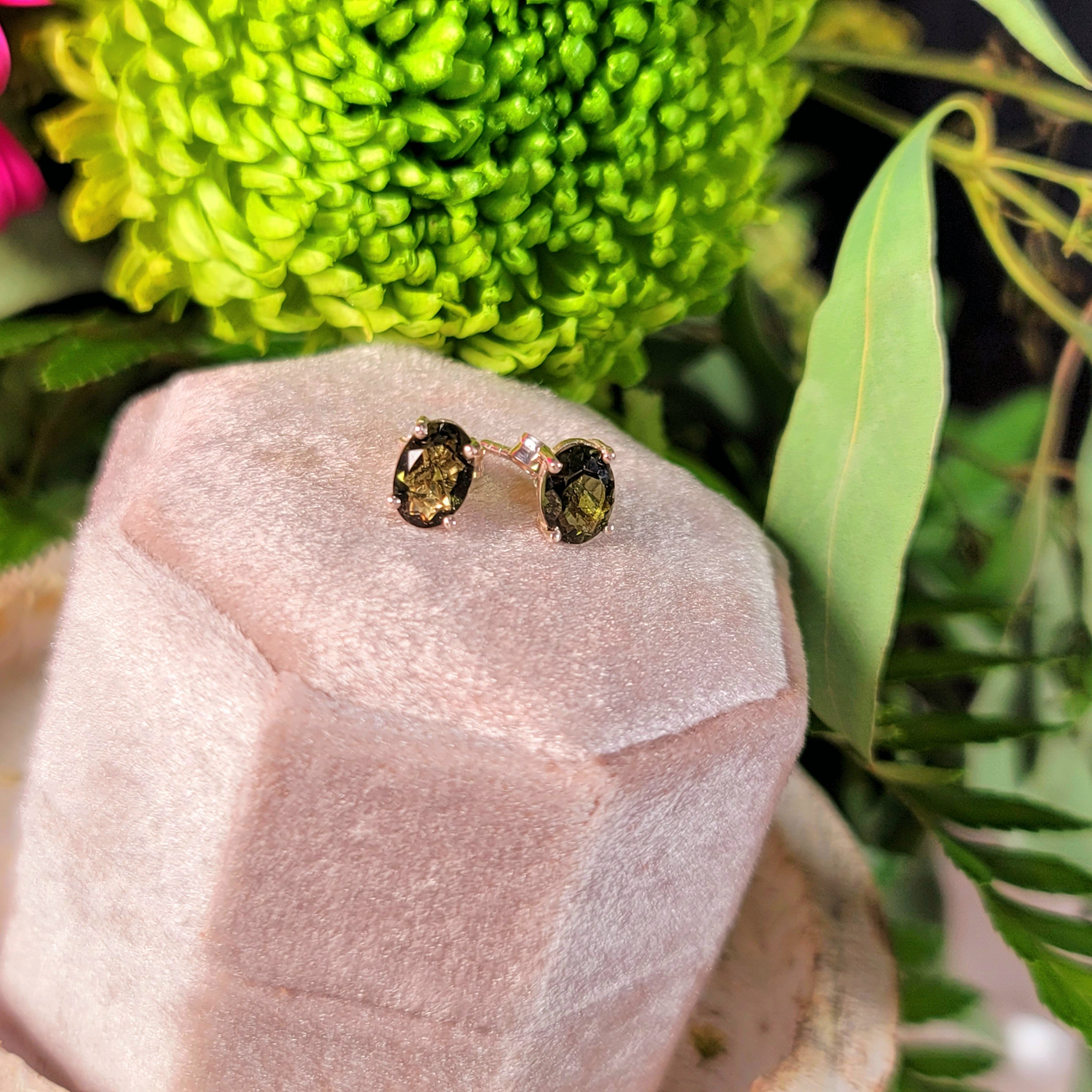 Moldavite Faceted Stud Earrings .925 Silver for Manifesting Abundance and Transformation