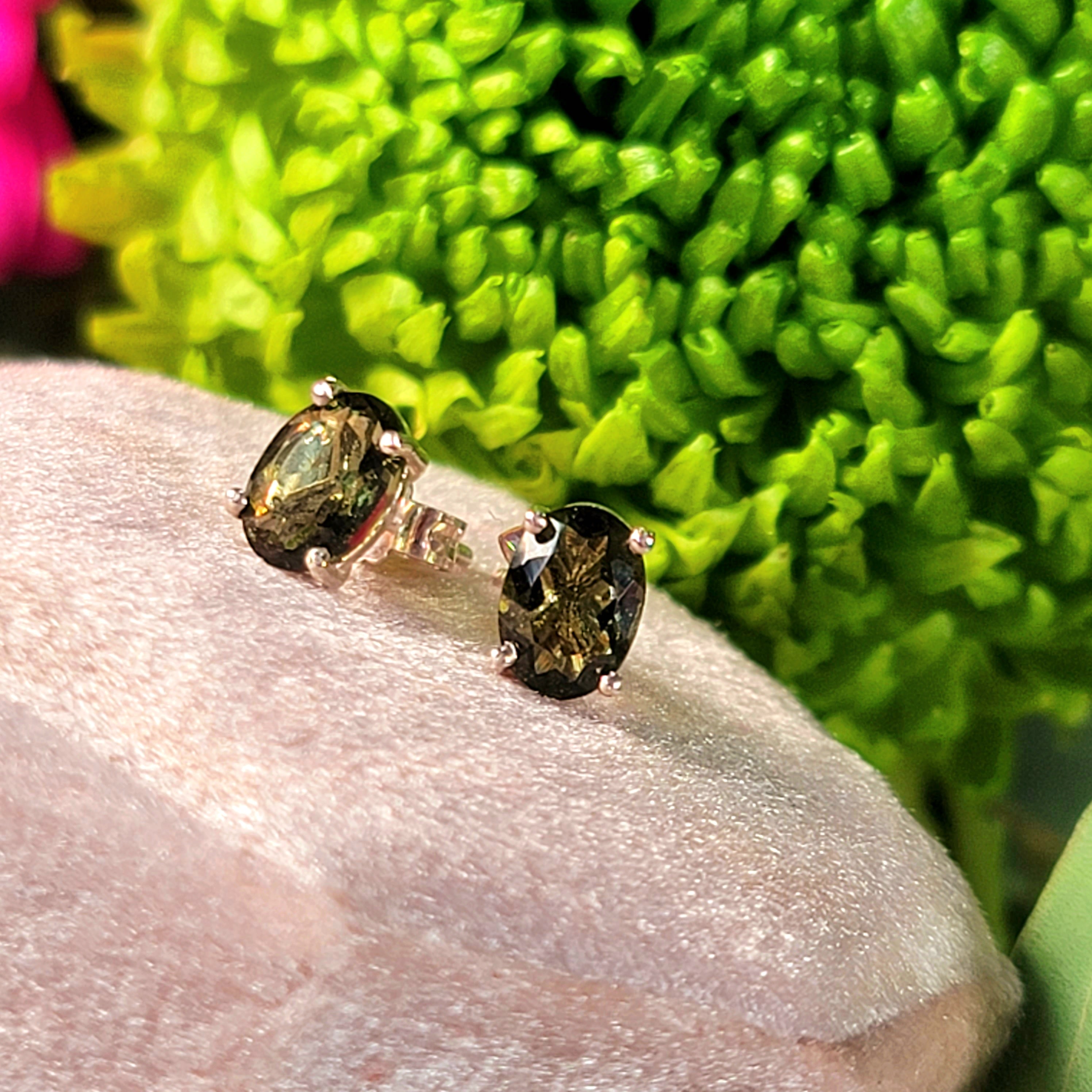Moldavite Faceted Stud Earrings .925 Silver for Manifesting Abundance and Transformation