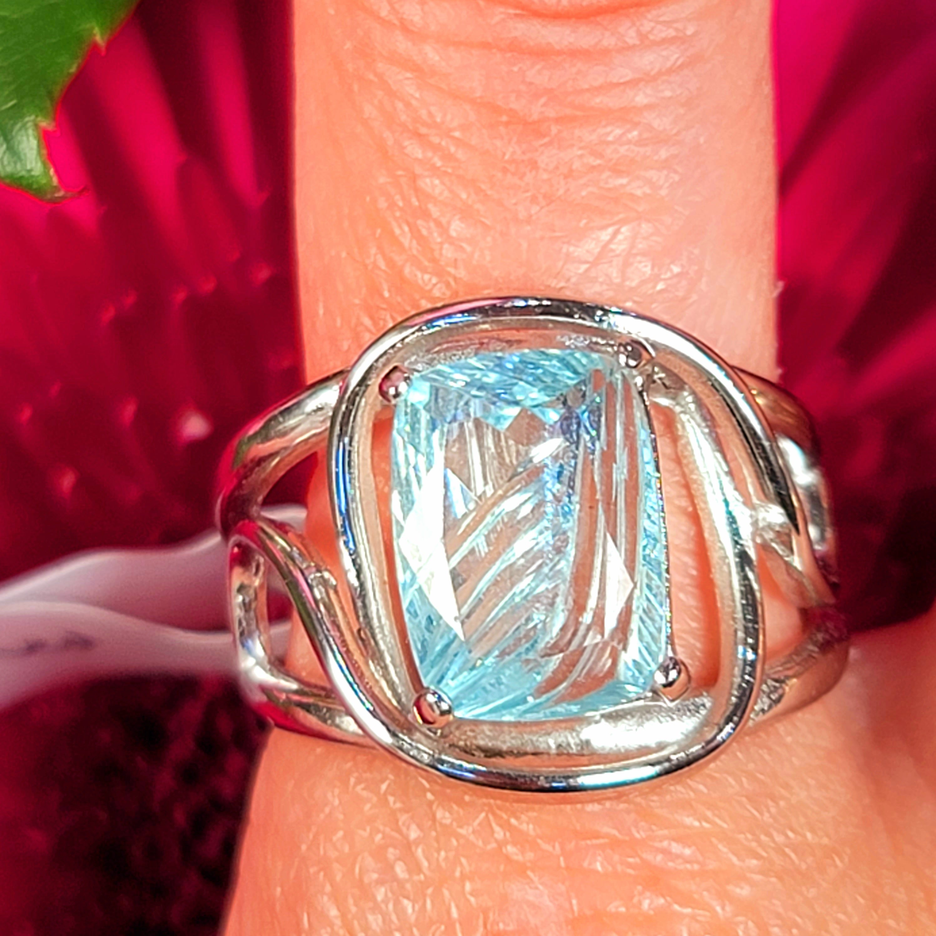 Aquamarine Carved Finger Cuff Adjustable Ring .925 Silver for Improved Communication and Peace