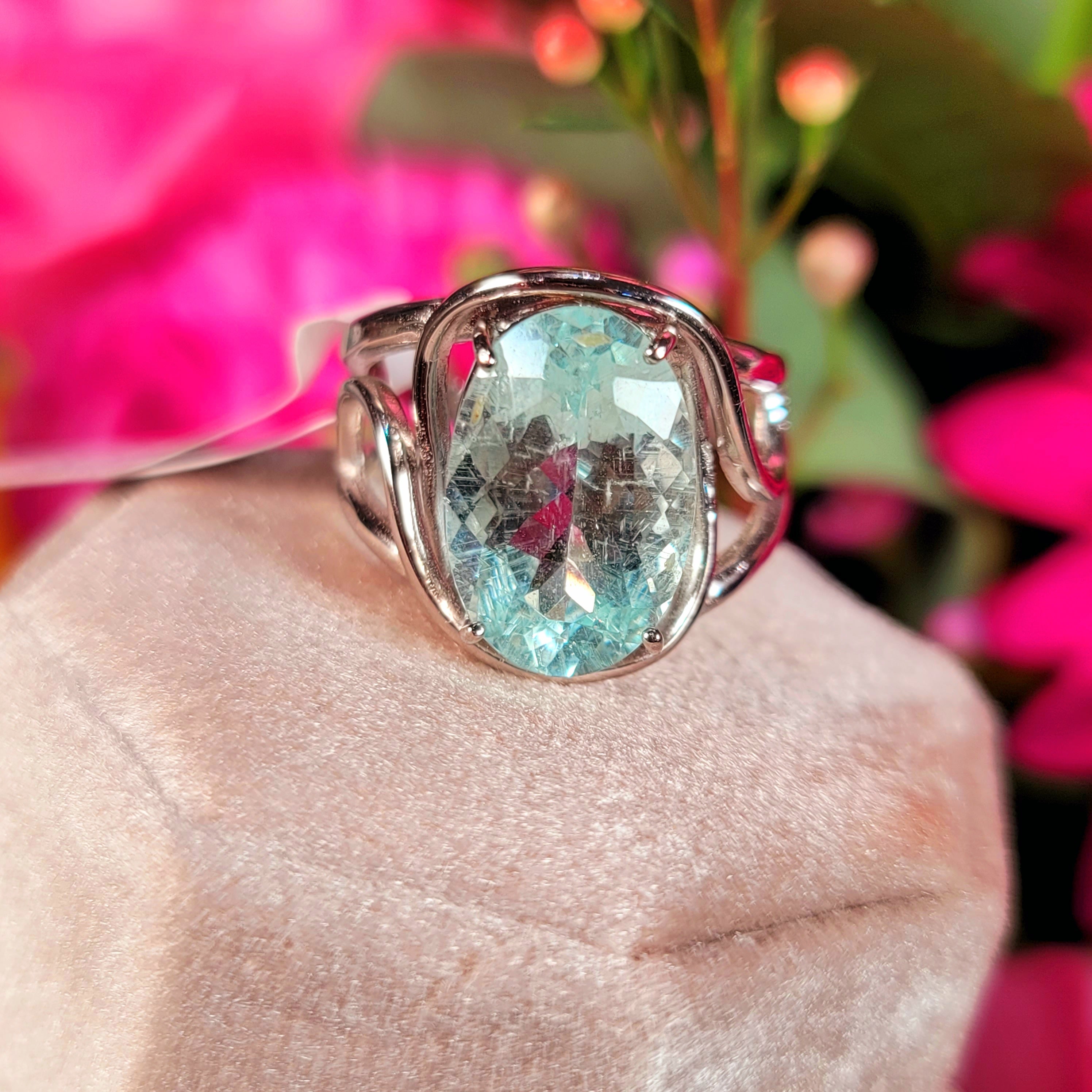 Aquamarine & Rutile Finger Cuff Adjustable Ring .925 Silver for Improved Communication and Peace