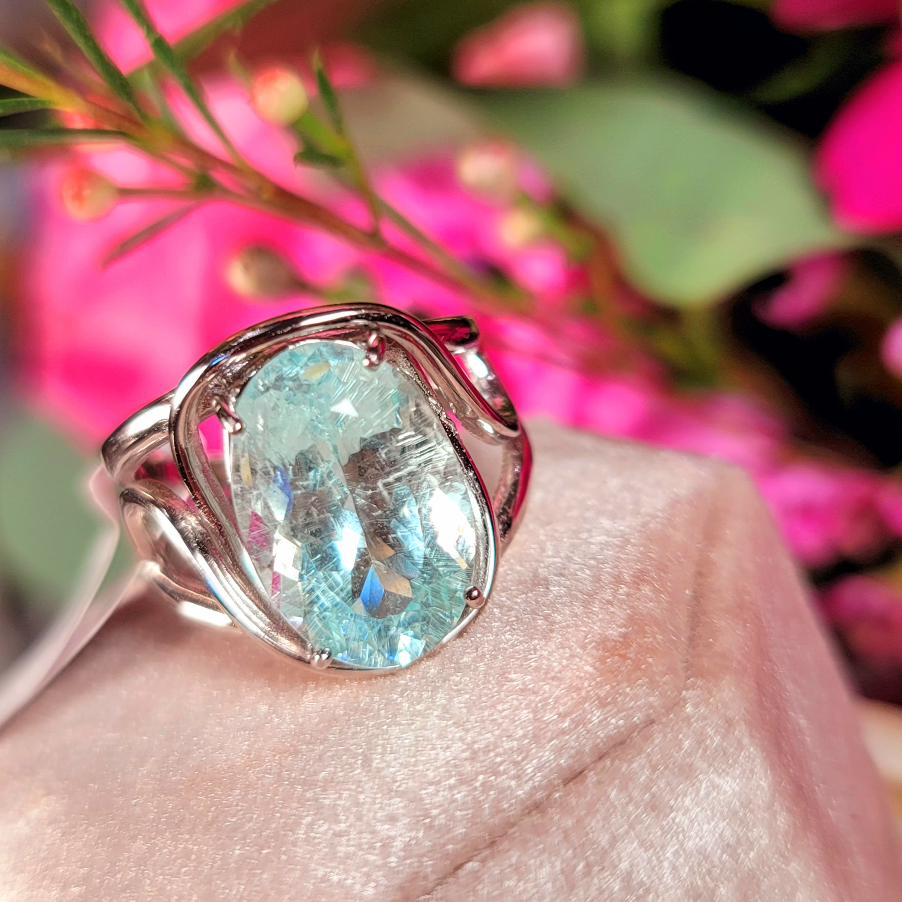 Aquamarine & Rutile Finger Cuff Adjustable Ring .925 Silver for Improved Communication and Peace