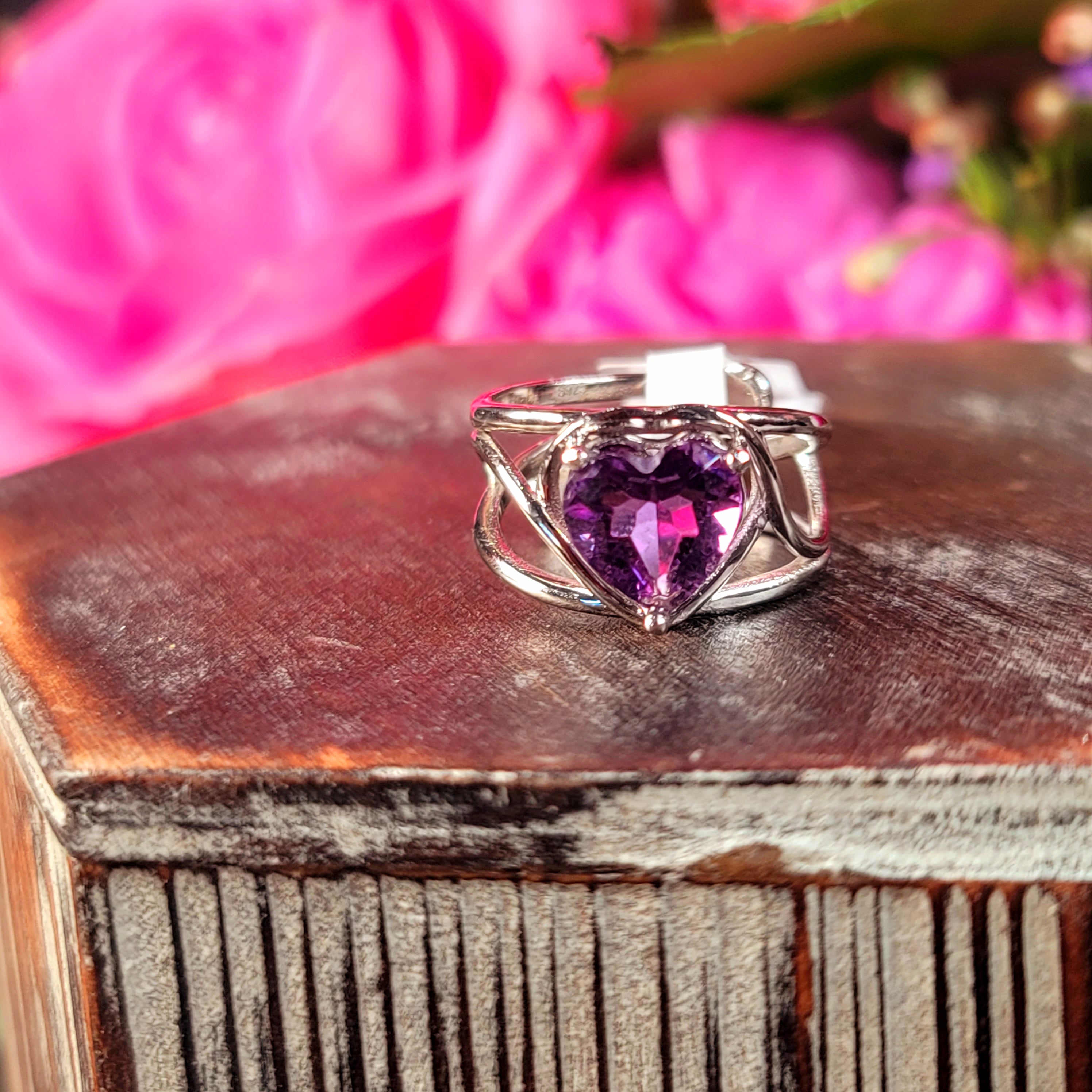 Amethyst Heart Finger Cuff Adjustable Ring .925 Silver for Enhancing your Intuitive Gifts