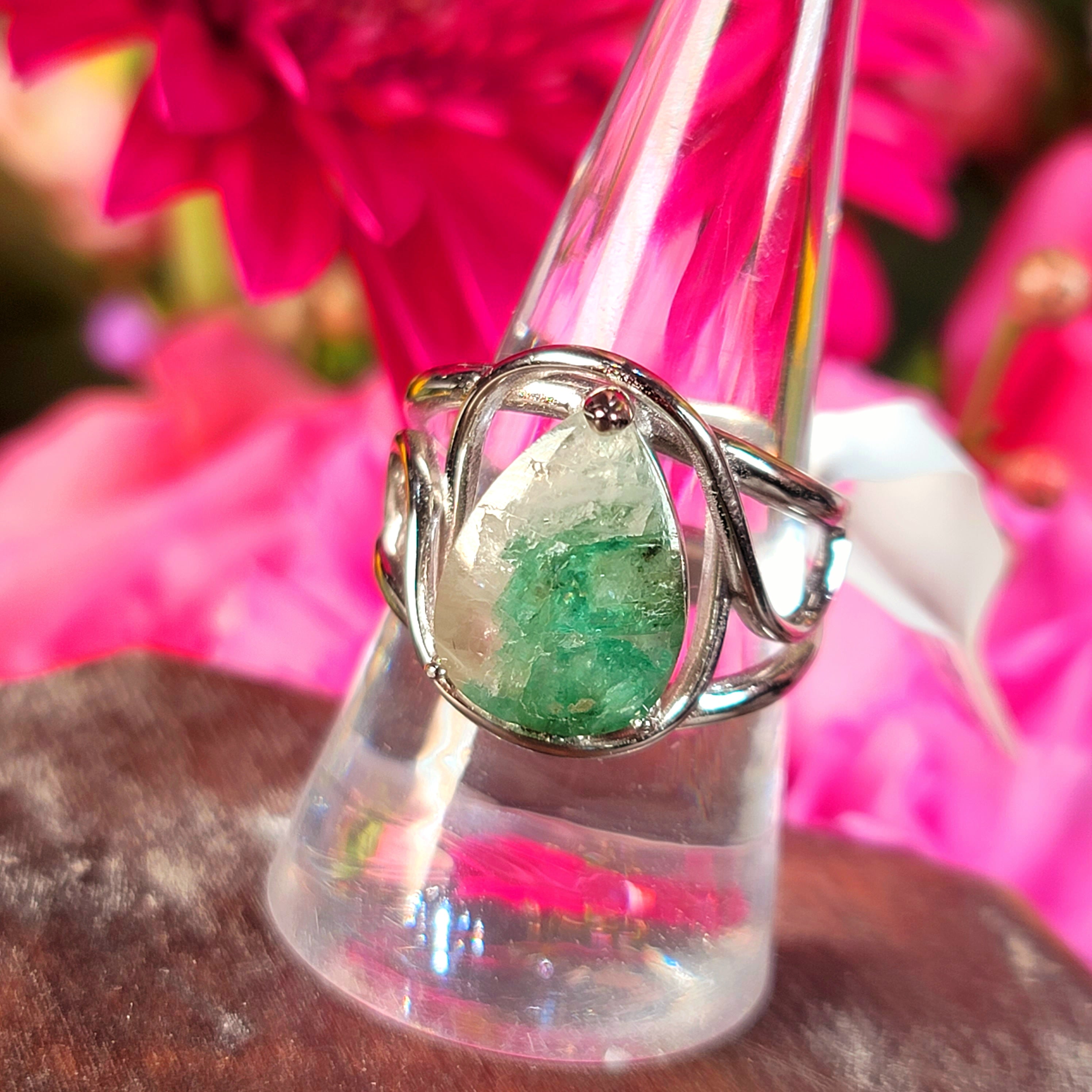Emerald in Quartz Finger Cuff Adjustable Ring .925 Silver for Abundance, Love and Wealth