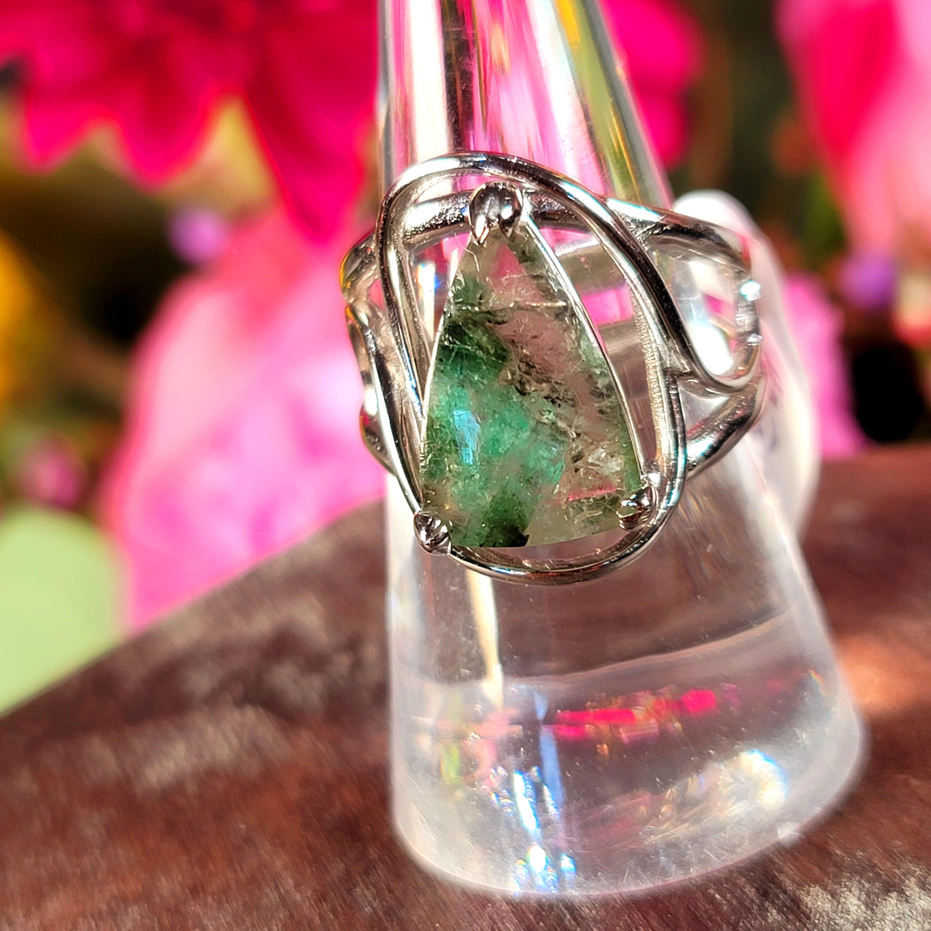 Emerald in Quartz Finger Cuff Adjustable Ring .925 Silver for Abundance, Love and Wealth
