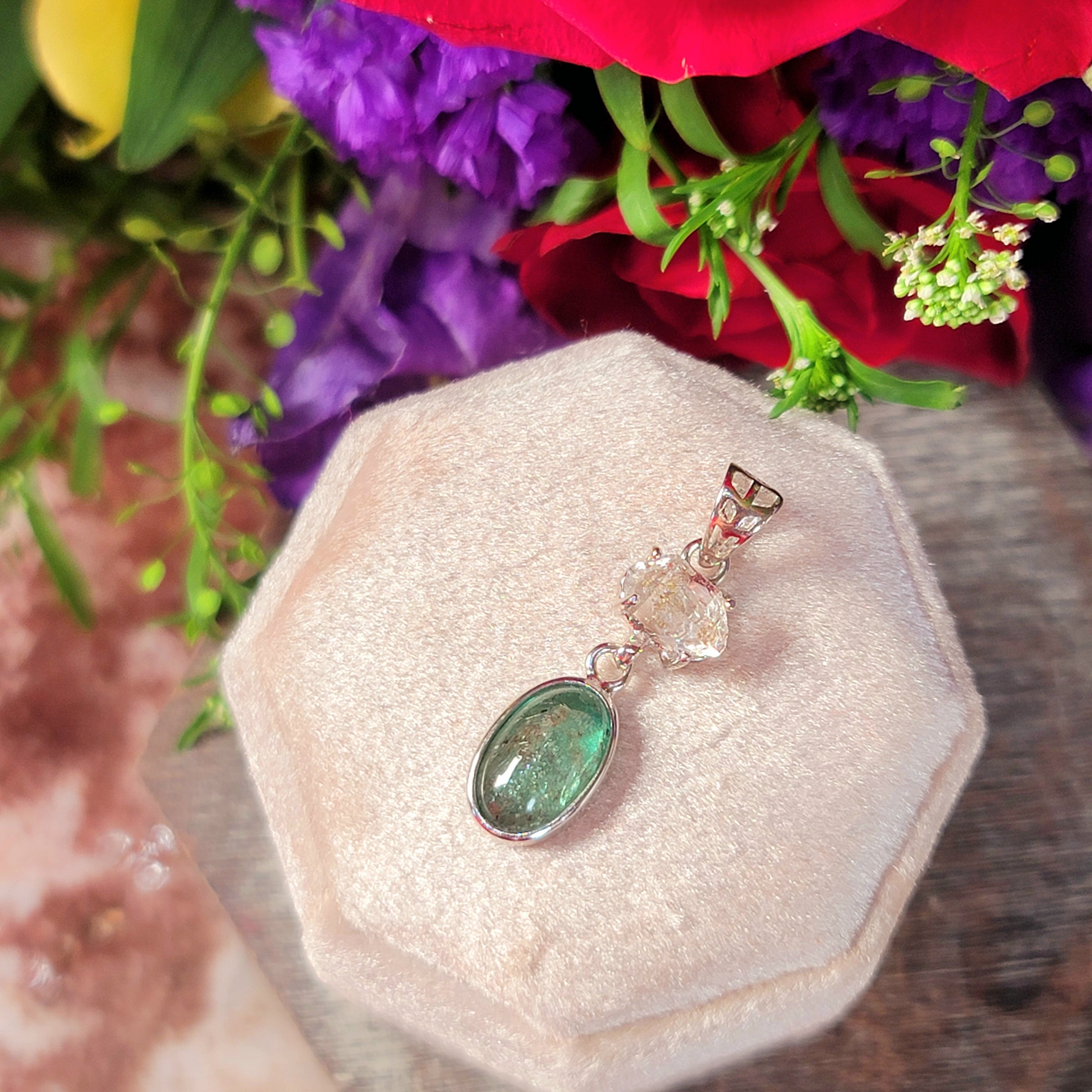 Herkimer Diamond X Emerald Pendant .925 Silver for Emotional Healing, Joy, Love and Prosperity