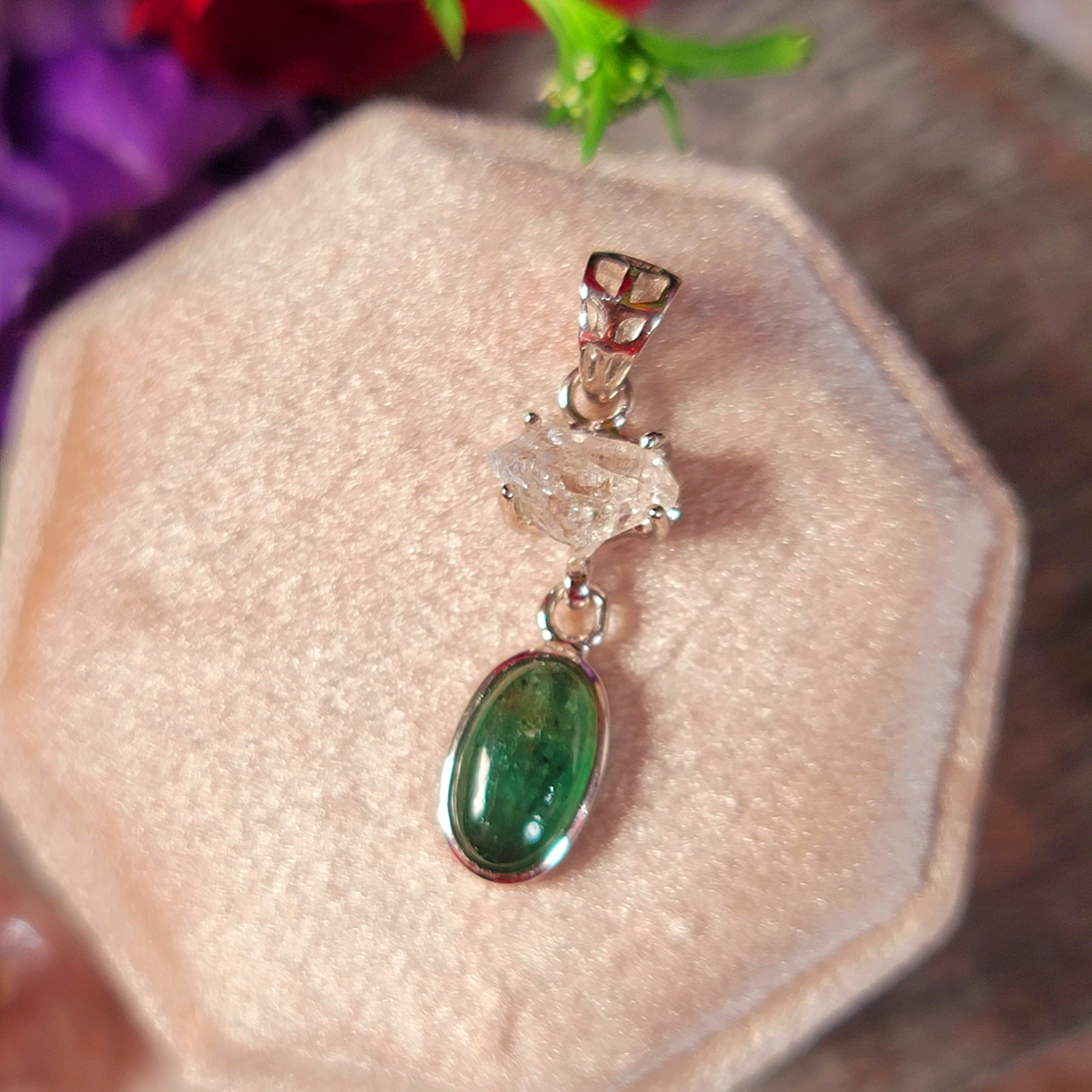 Herkimer Diamond x Emerald Pendant .925 Silver for Emotional Healing, Joy, Love and Prosperity