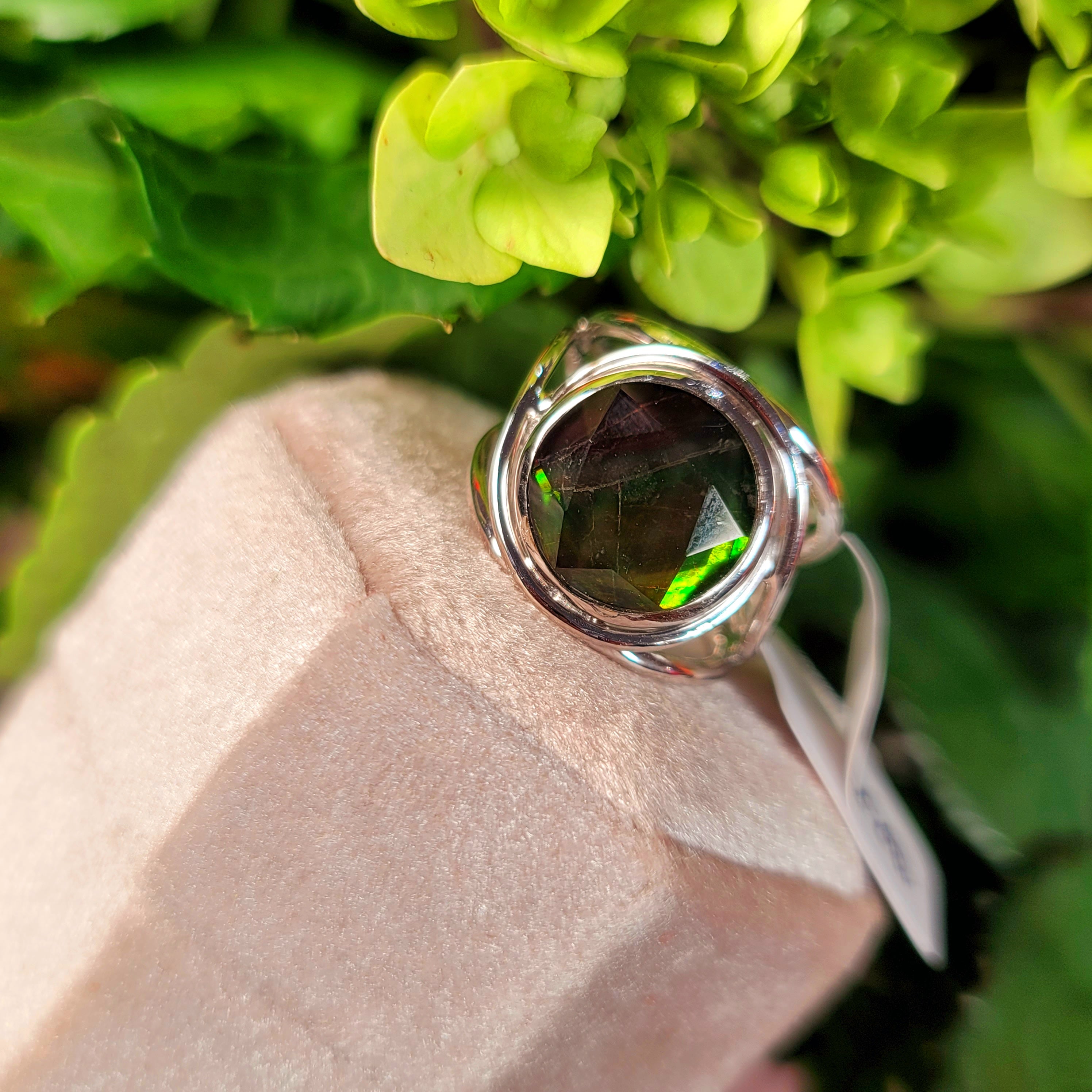 Ammolite Merkaba Finger Cuff Adjustable Ring .925 Sterling Silver for Good Luck, Prosperity and Protection