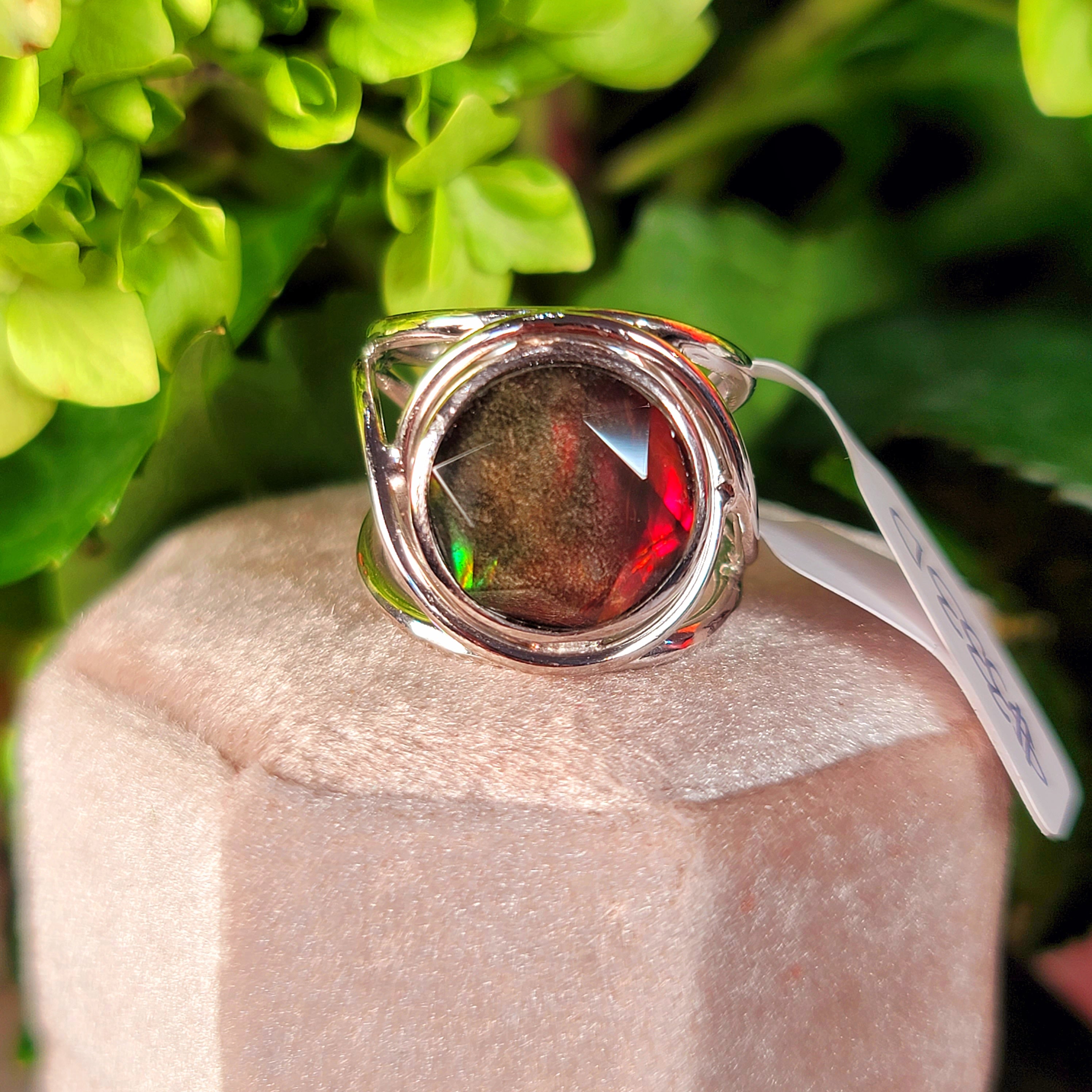 Ammolite Merkaba Finger Cuff Adjustable Ring .925 Sterling Silver for Good Luck, Prosperity and Protection