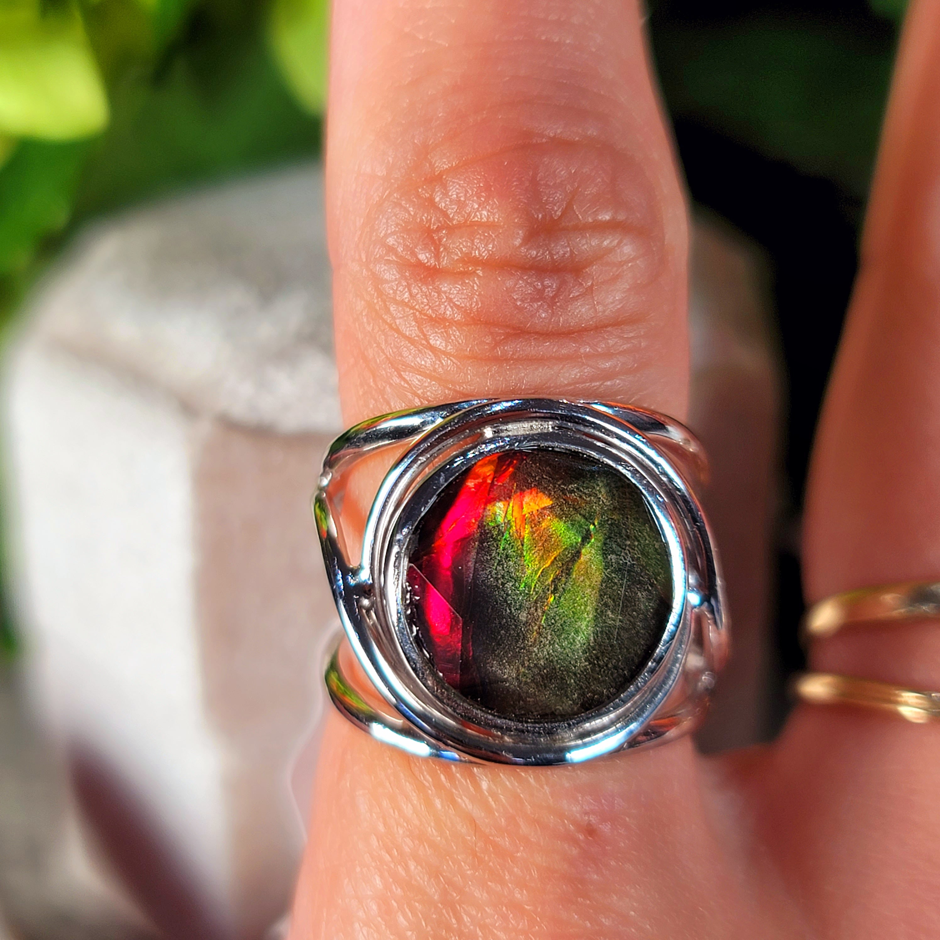 Ammolite Merkaba Finger Cuff Adjustable Ring .925 Sterling Silver for Good Luck, Prosperity and Protection