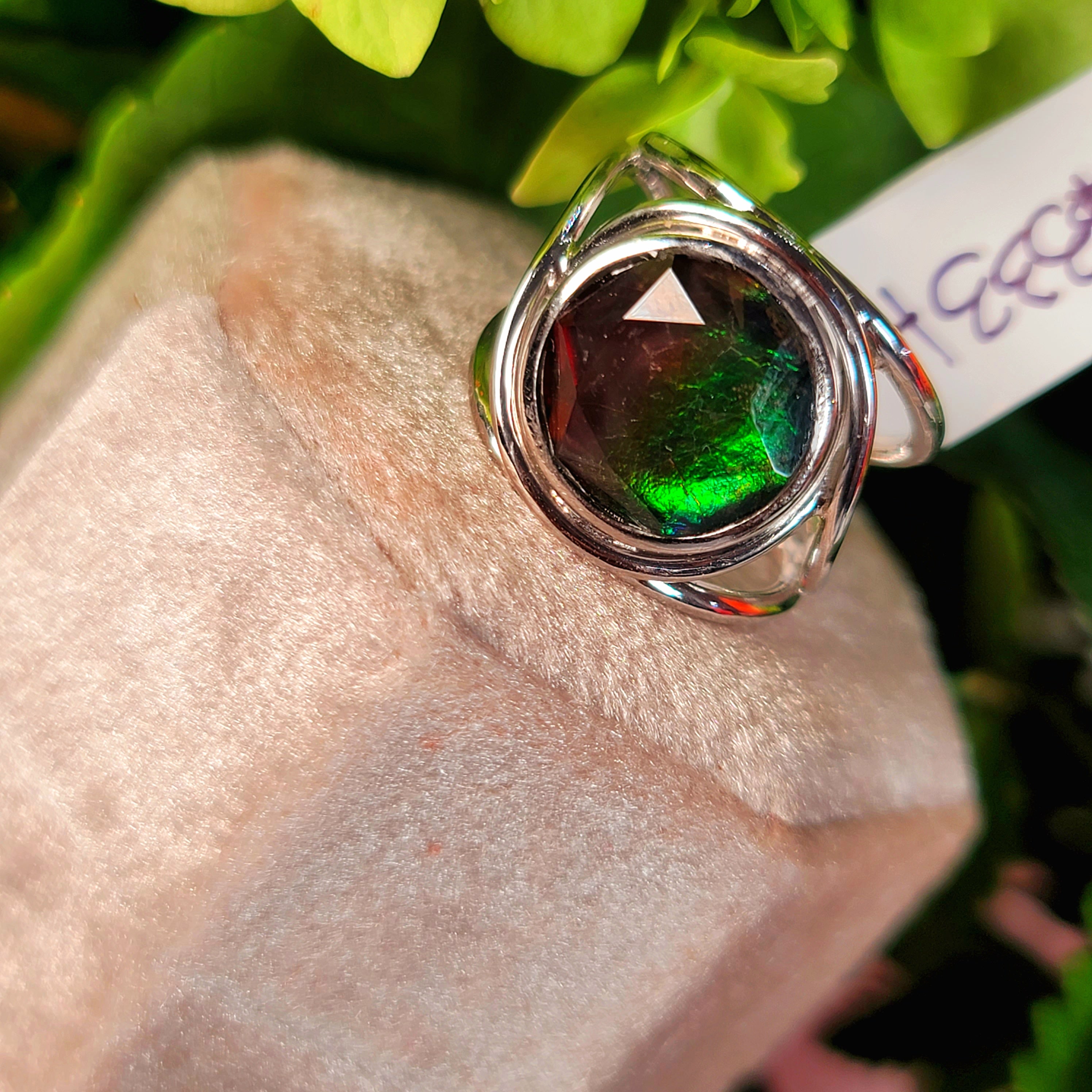 Ammolite Merkaba Finger Cuff Adjustable Ring .925 Sterling Silver for Good Luck, Prosperity and Protection