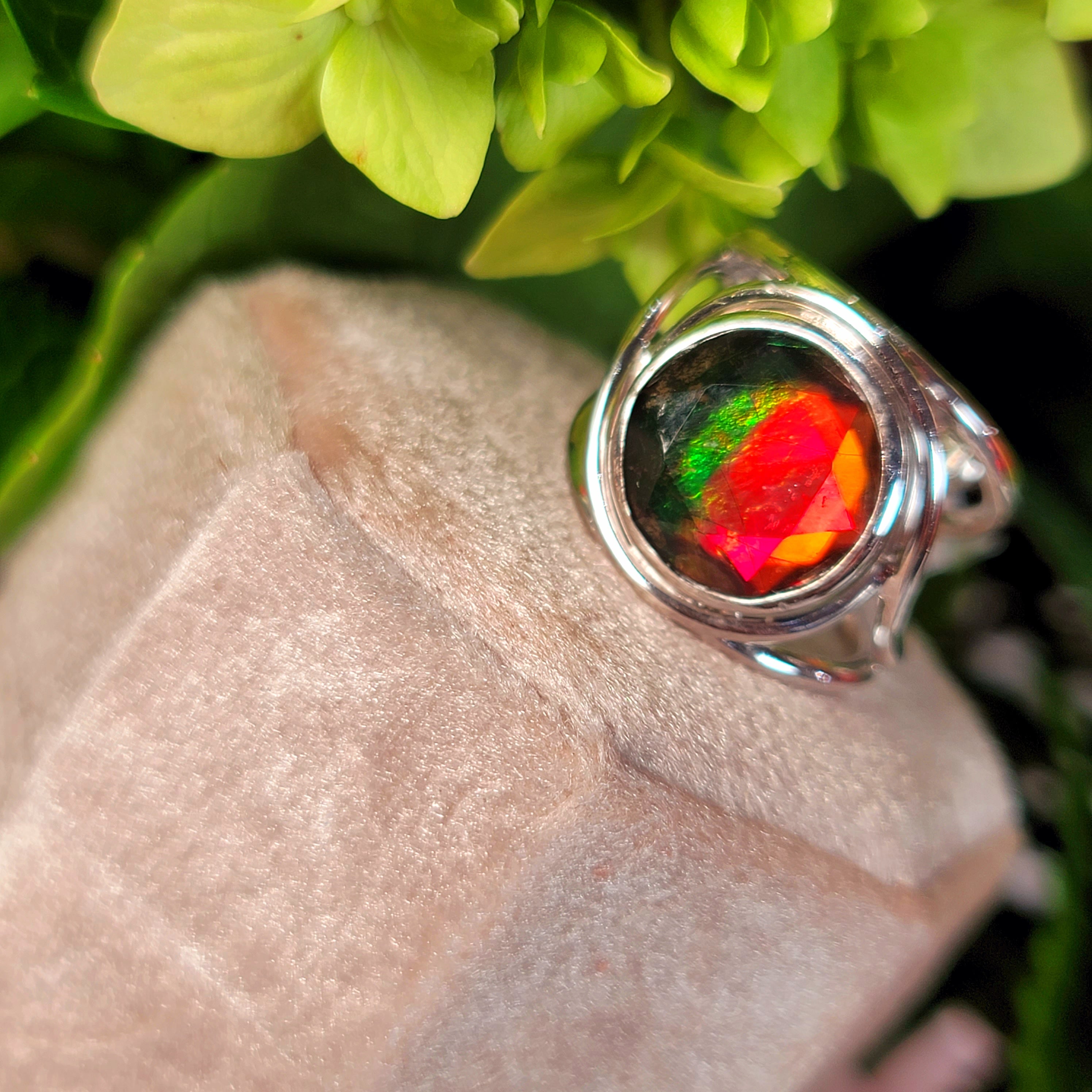 Ammolite Merkaba Finger Cuff Adjustable Ring .925 Sterling Silver for Good Luck, Prosperity and Protection