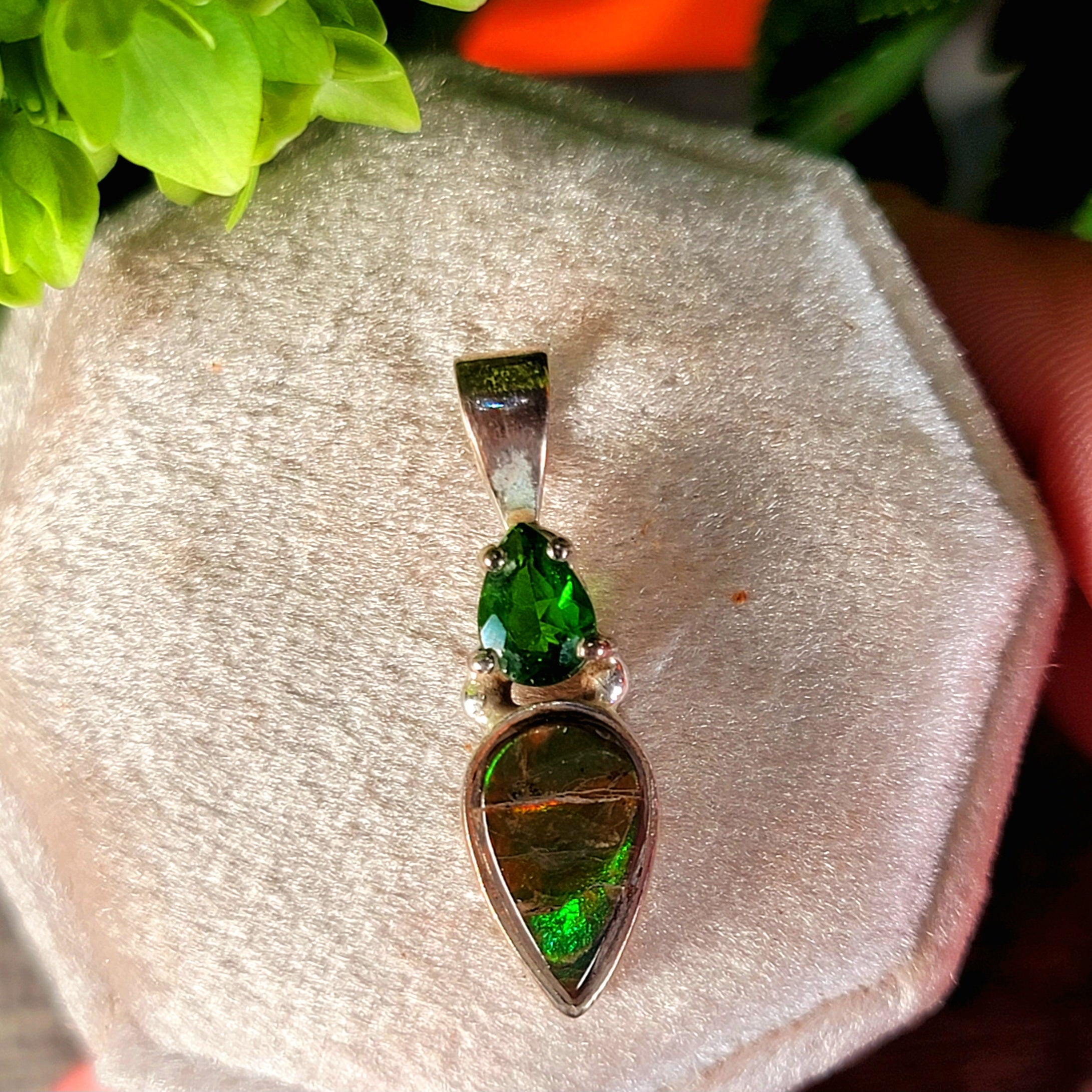 Ammolite x Green Tourmaline Pendant .925 Silver for Good Luck, Prosperity and Protection