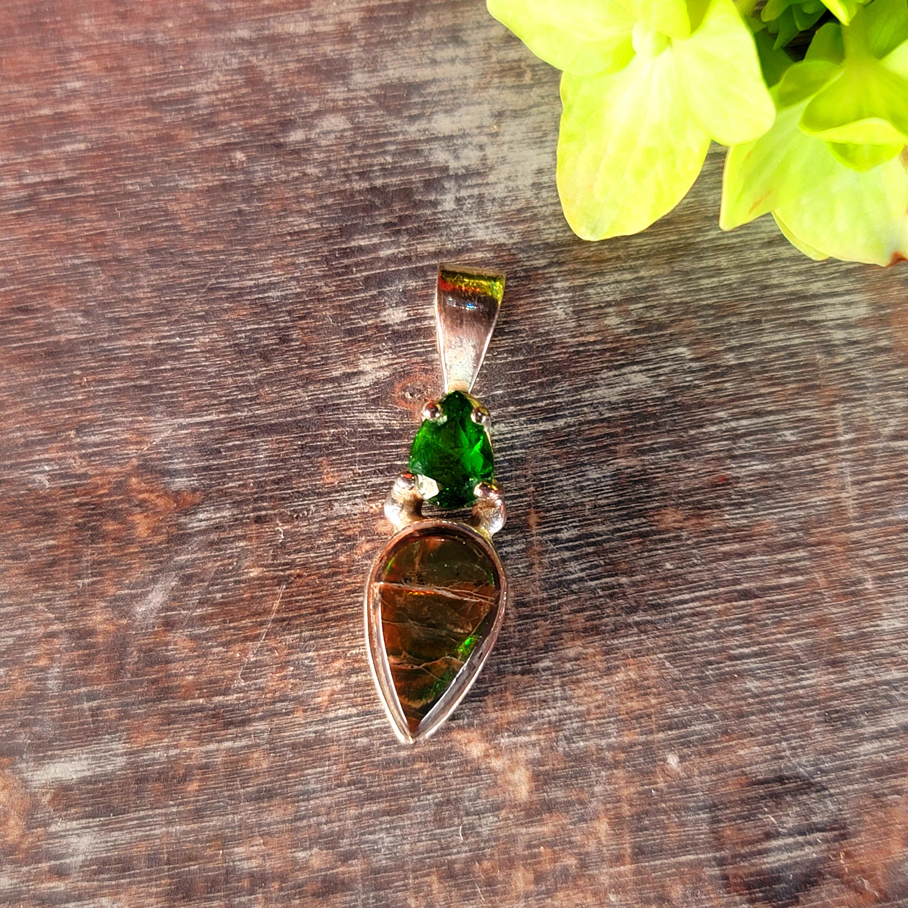 Ammolite x Green Tourmaline Pendant .925 Silver for Good Luck, Prosperity and Protection
