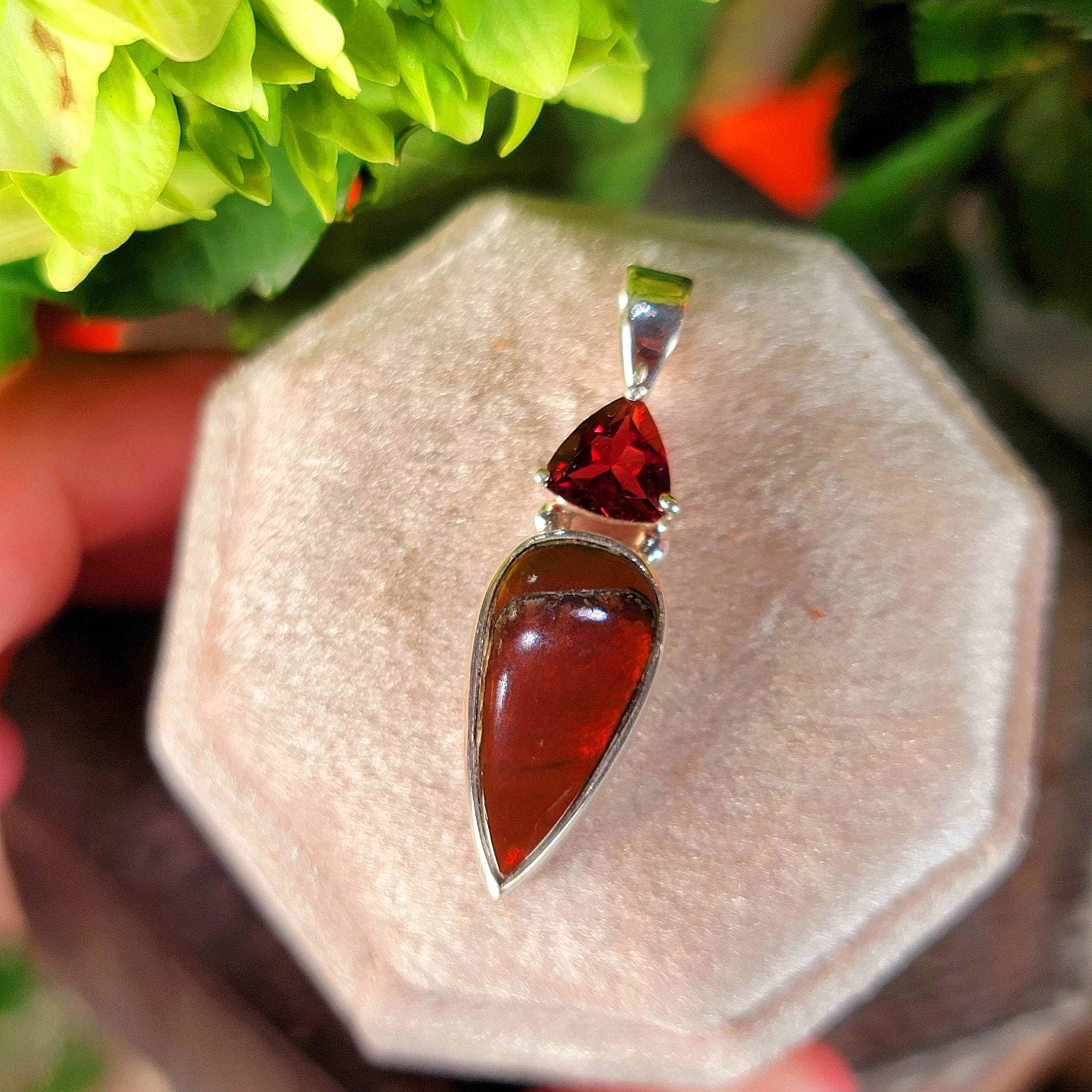 Ammolite x Garnet Pendant .925 Silver for Good Luck, Prosperity and Protection