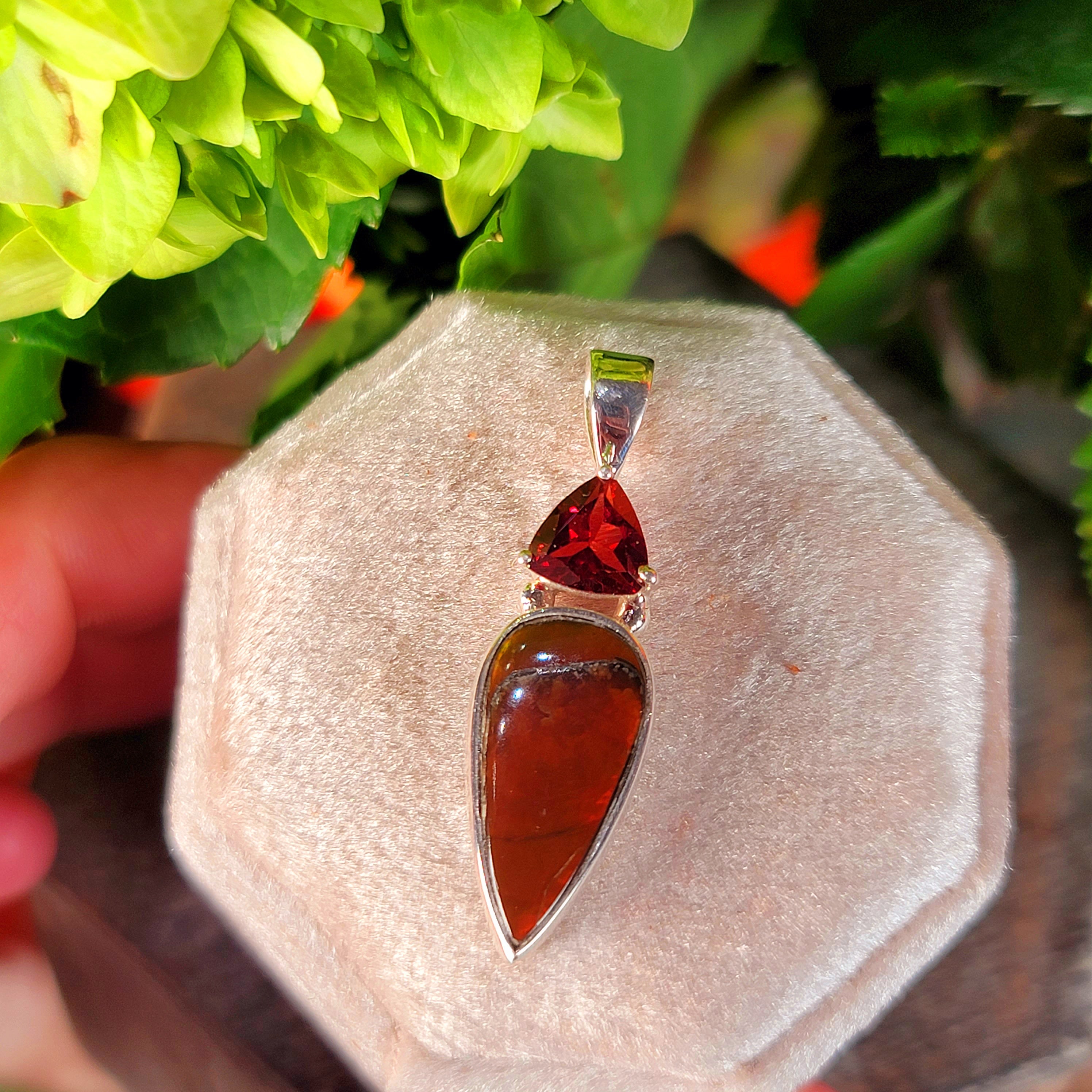 Ammolite x Garnet Pendant .925 Silver for Good Luck, Prosperity and Protection