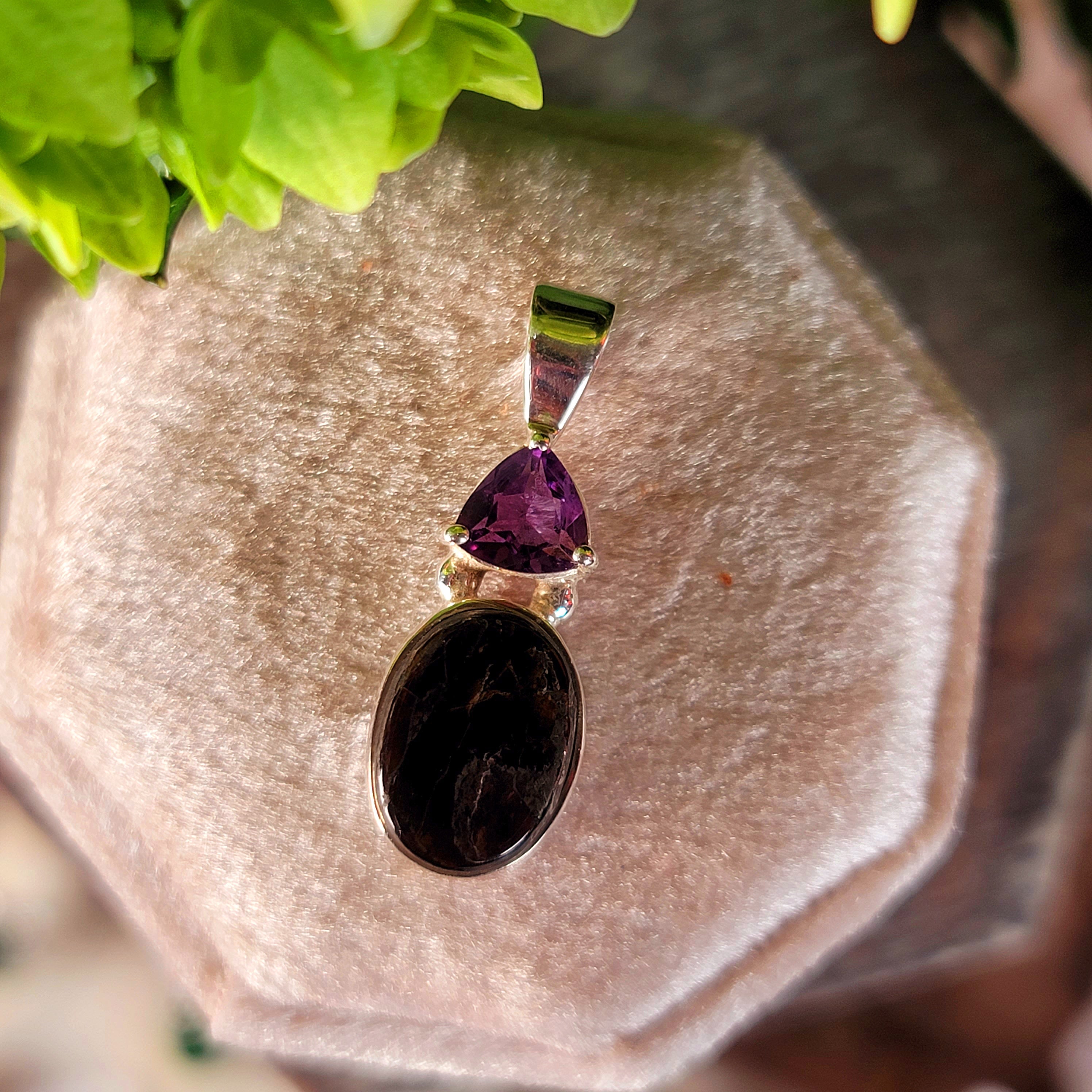 Ammolite x Amethyst Pendant .925 Silver for Good Luck, Prosperity and Protection