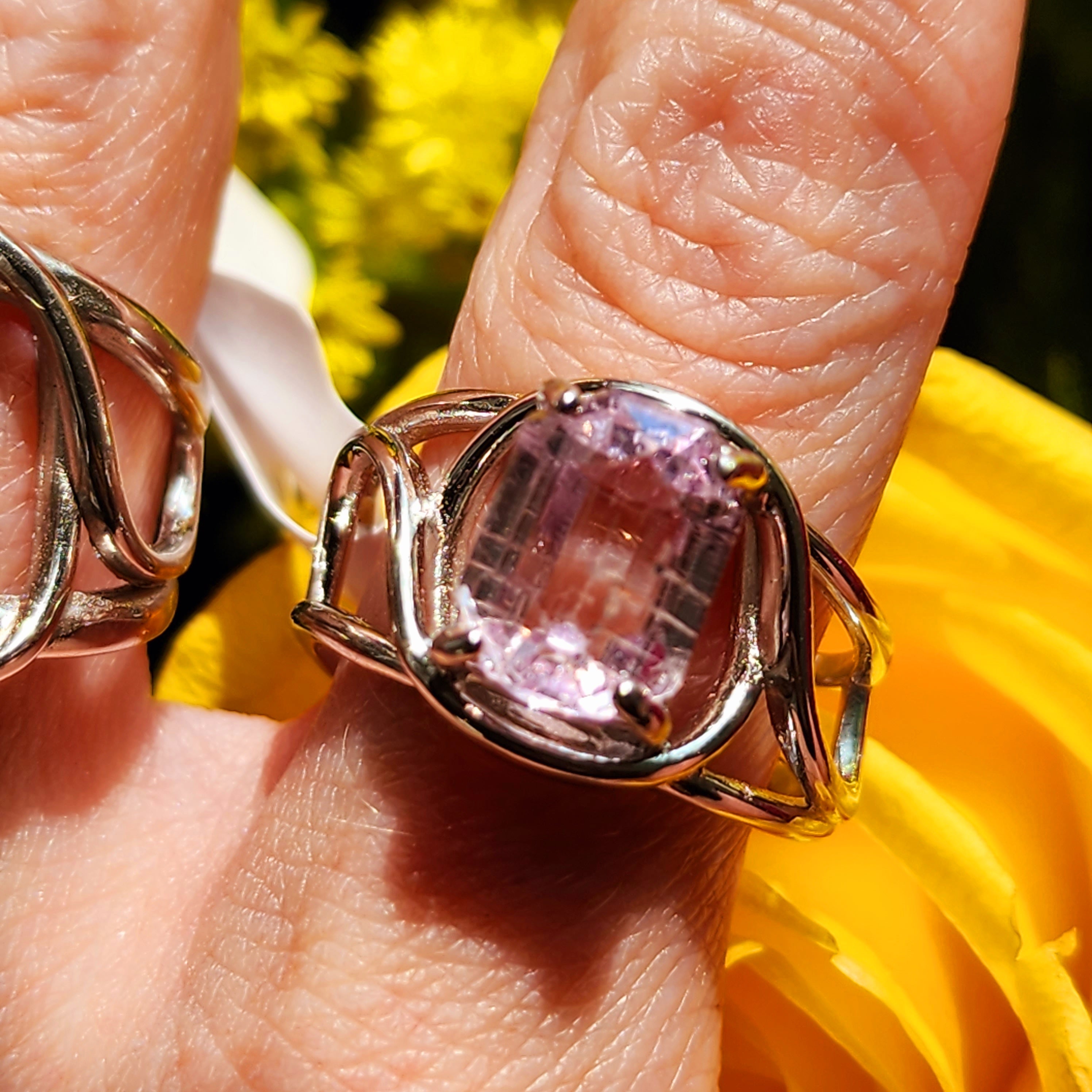 Kunzite with Silver Rutile Finger Cuff Adjustable Ring .925 Silver (High Quality) for Emotional Healing, Joy and Love