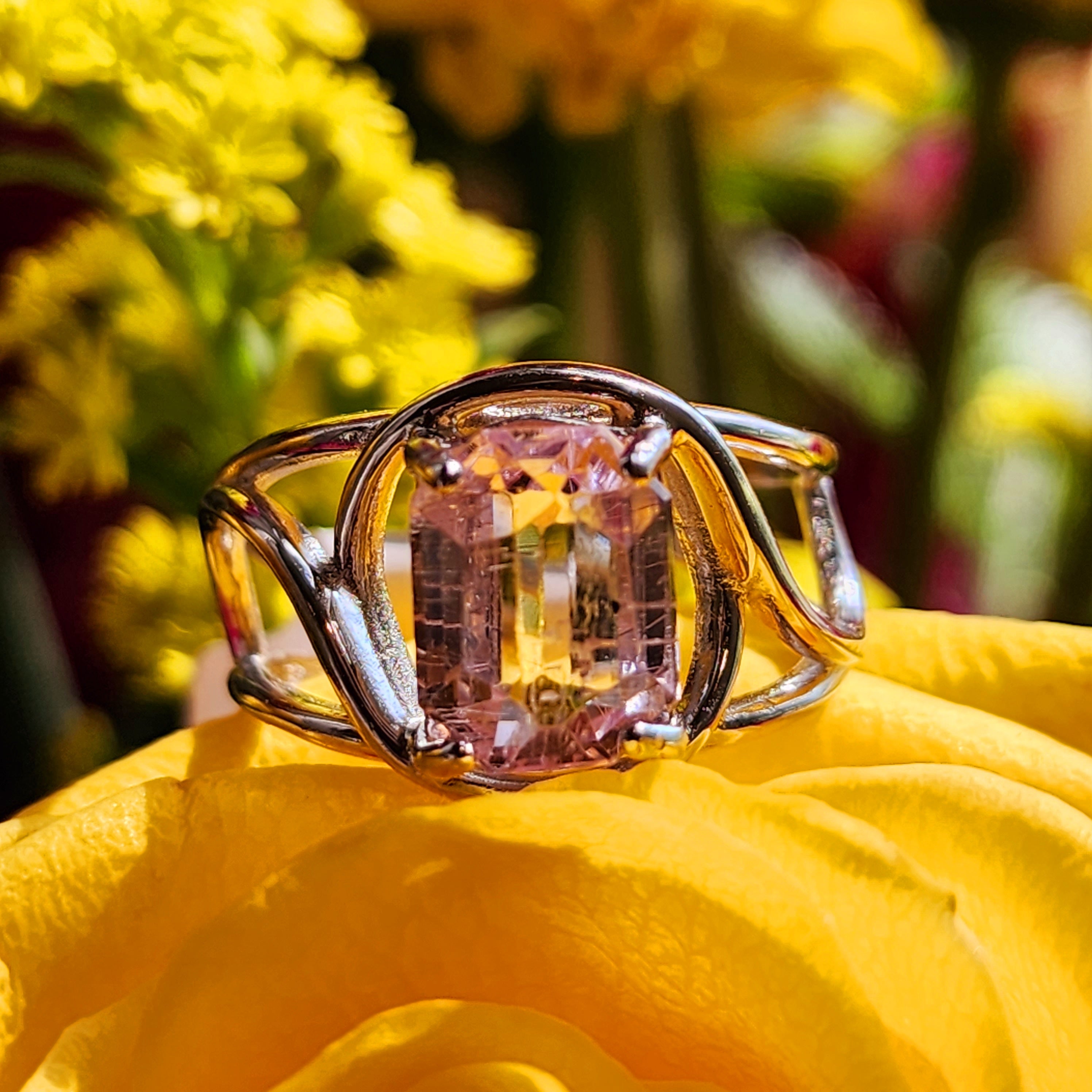 Kunzite with Silver Rutile Finger Cuff Adjustable Ring .925 Silver (High Quality) for Emotional Healing, Joy and Love