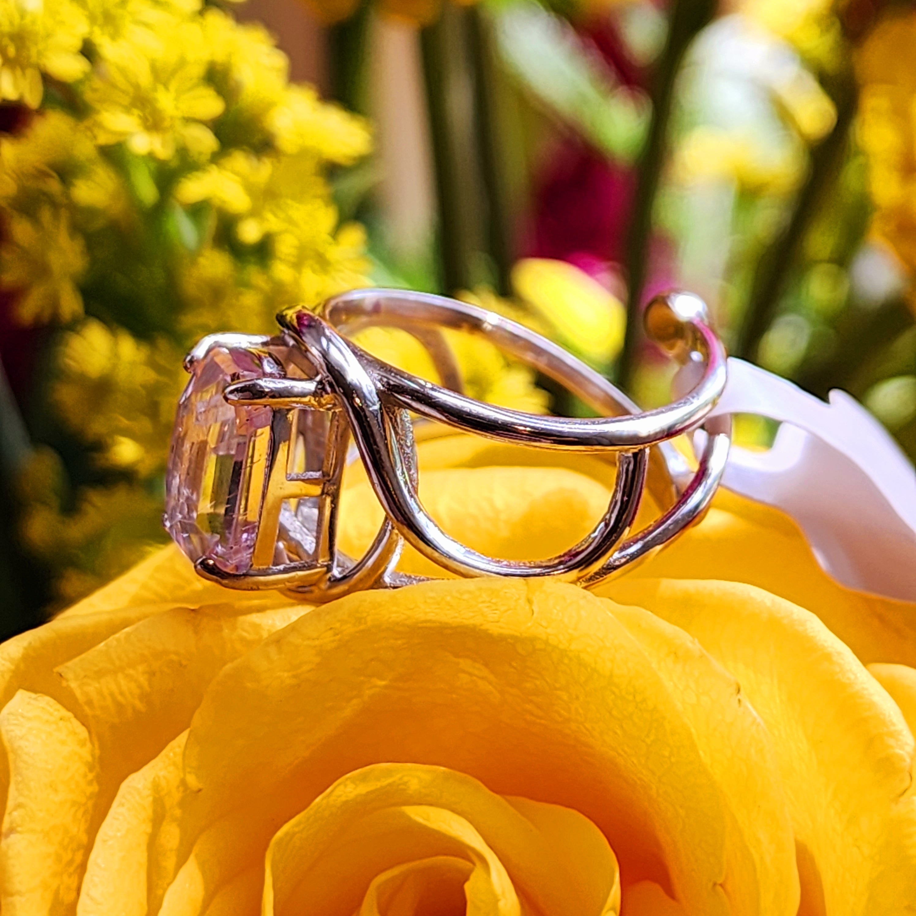 Kunzite with Silver Rutile Finger Cuff Adjustable Ring .925 Silver (High Quality) for Emotional Healing, Joy and Love