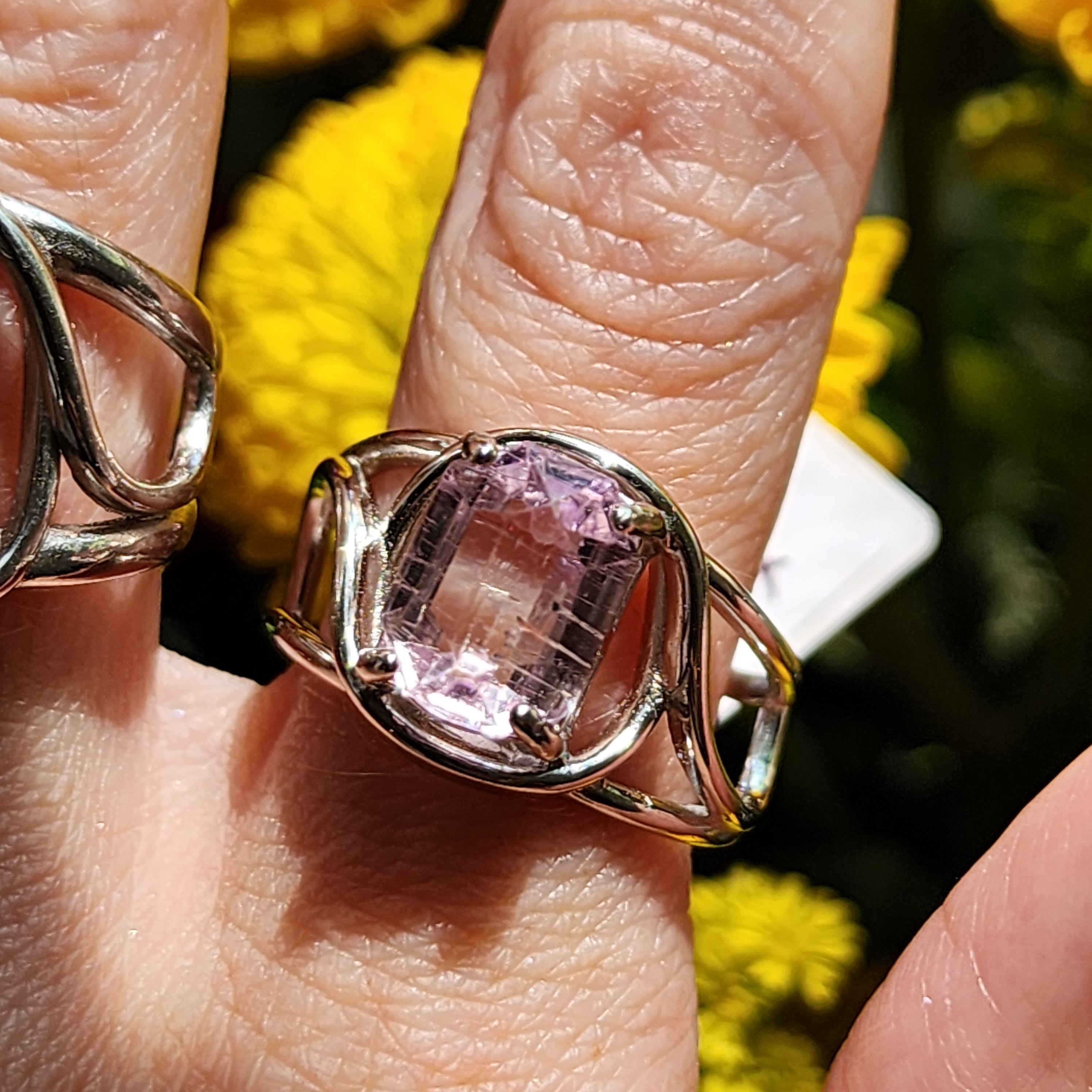 Kunzite with Silver Rutile Finger Cuff Adjustable Ring .925 Silver (High Quality) for Emotional Healing, Joy and Love