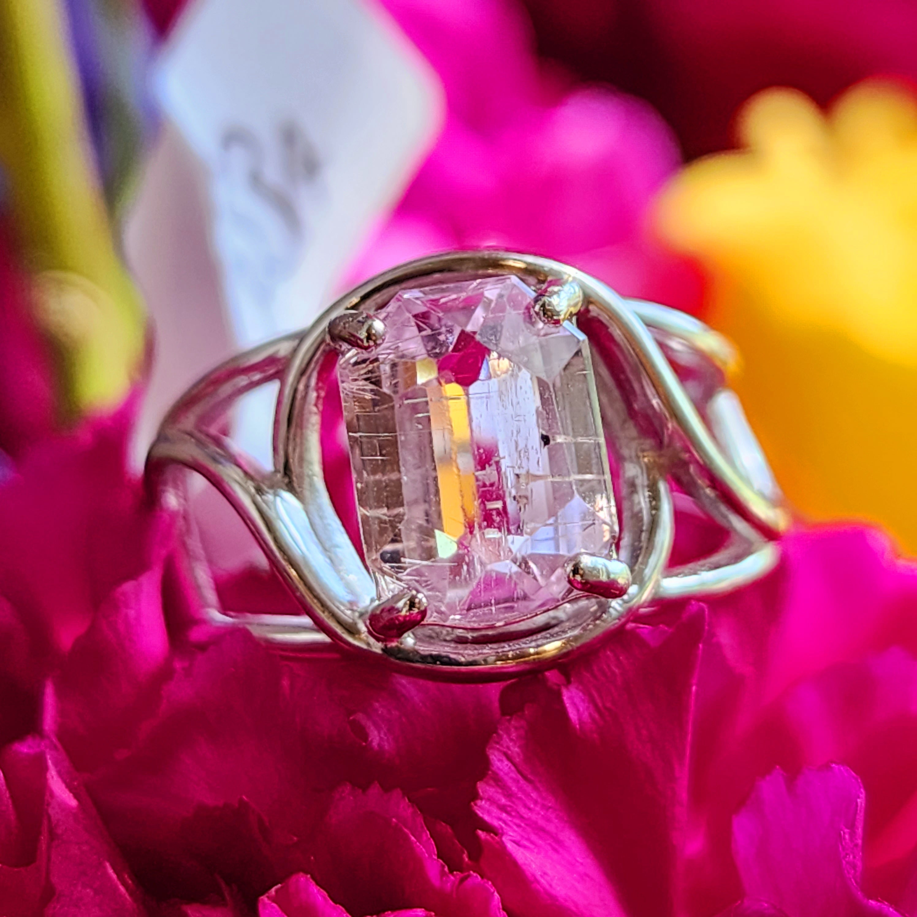 Kunzite with Silver Rutile Finger Cuff Adjustable Ring .925 Silver (High Quality) for Emotional Healing, Joy and Love