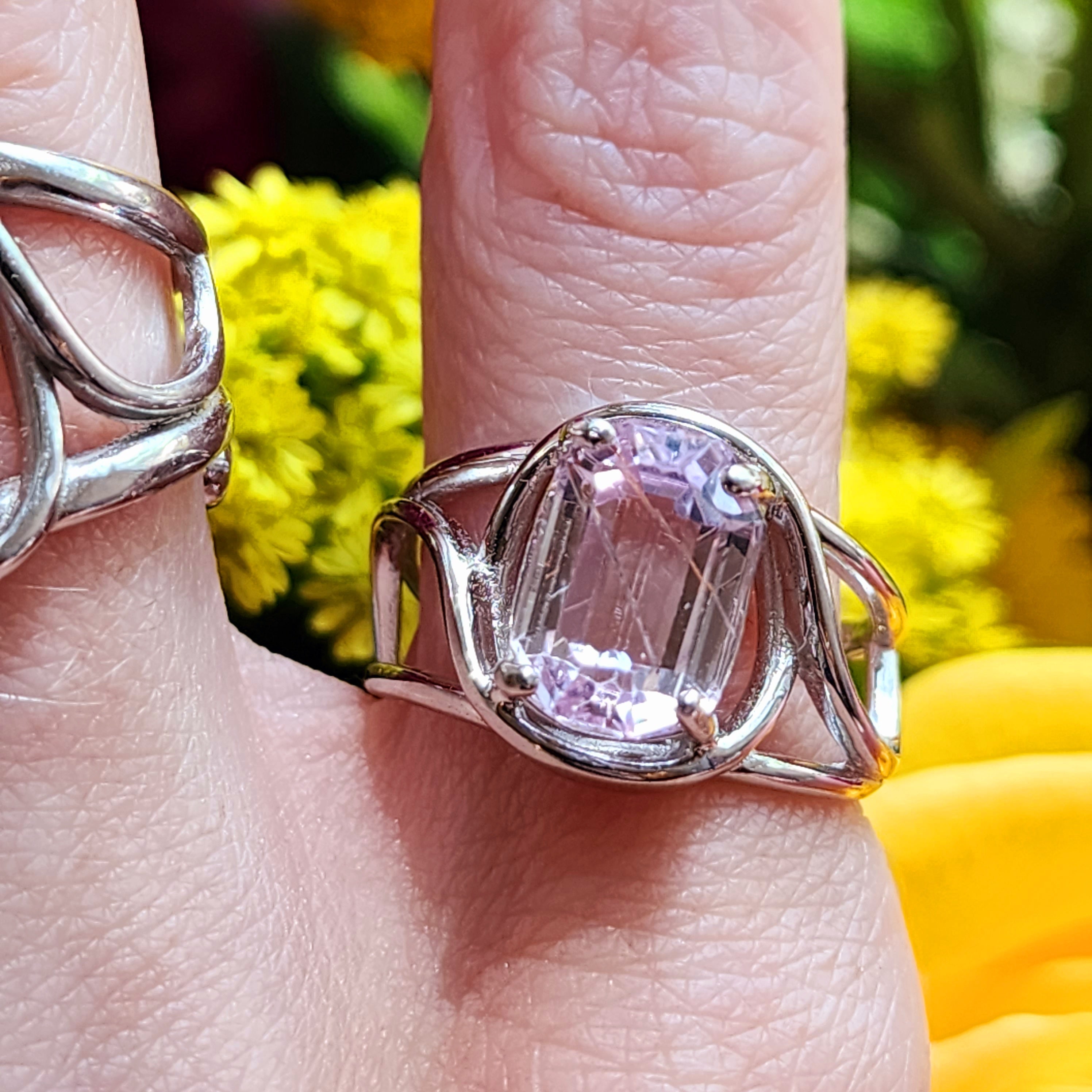 Kunzite with Silver Rutile Finger Cuff Adjustable Ring .925 Silver (High Quality) for Emotional Healing, Joy and Love