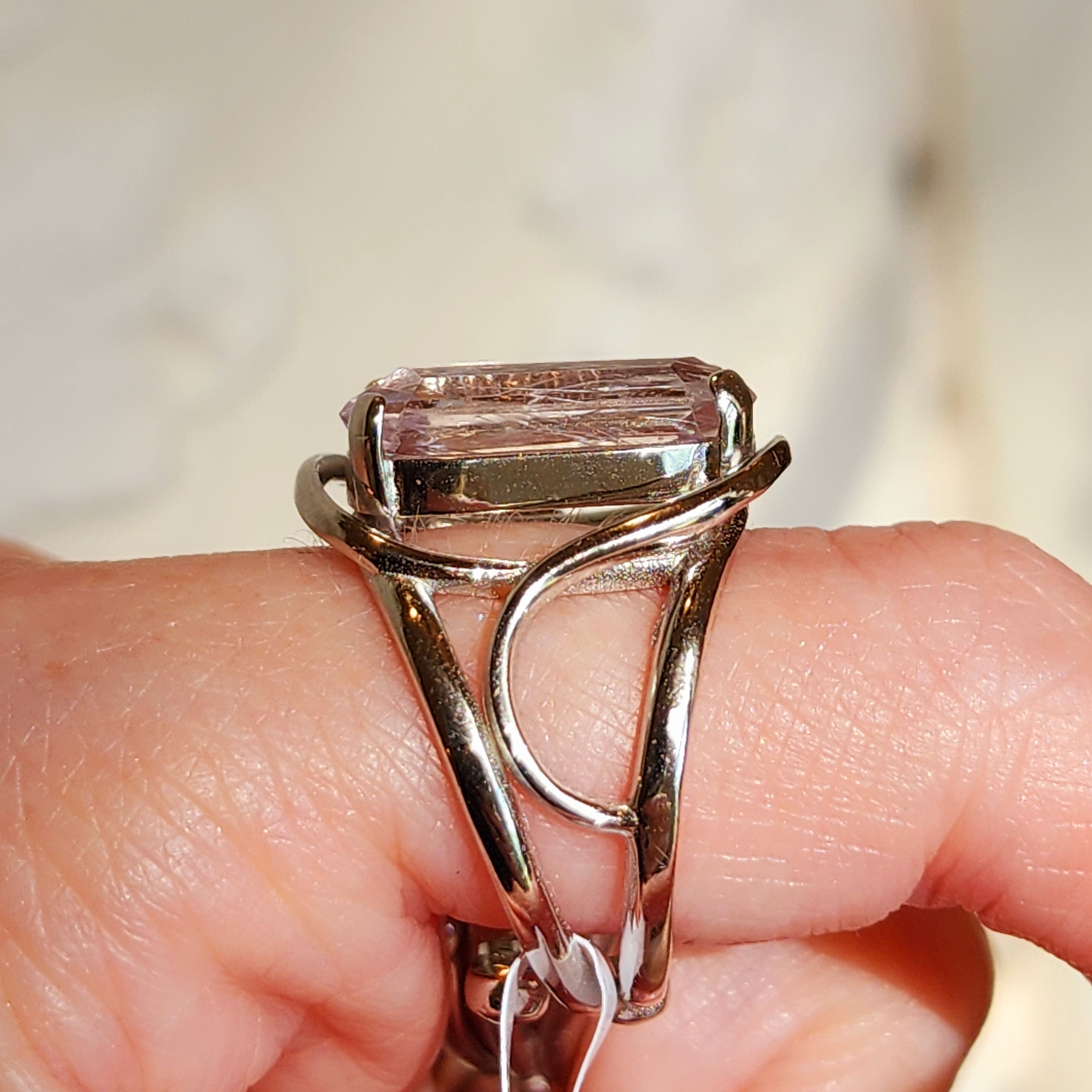 Kunzite with Silver Rutile Finger Cuff Adjustable Ring .925 Silver (High Quality) for Emotional Healing, Joy and Love