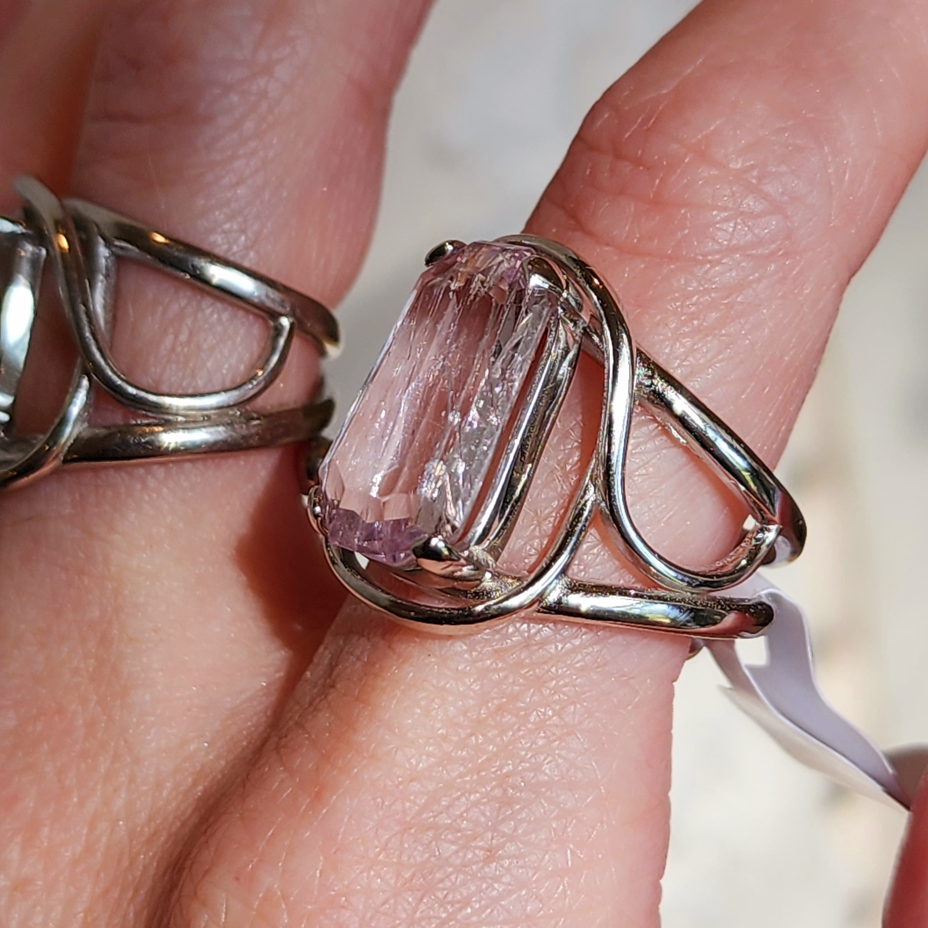 Kunzite with Silver Rutile Finger Cuff Adjustable Ring .925 Silver (High Quality) for Emotional Healing, Joy and Love