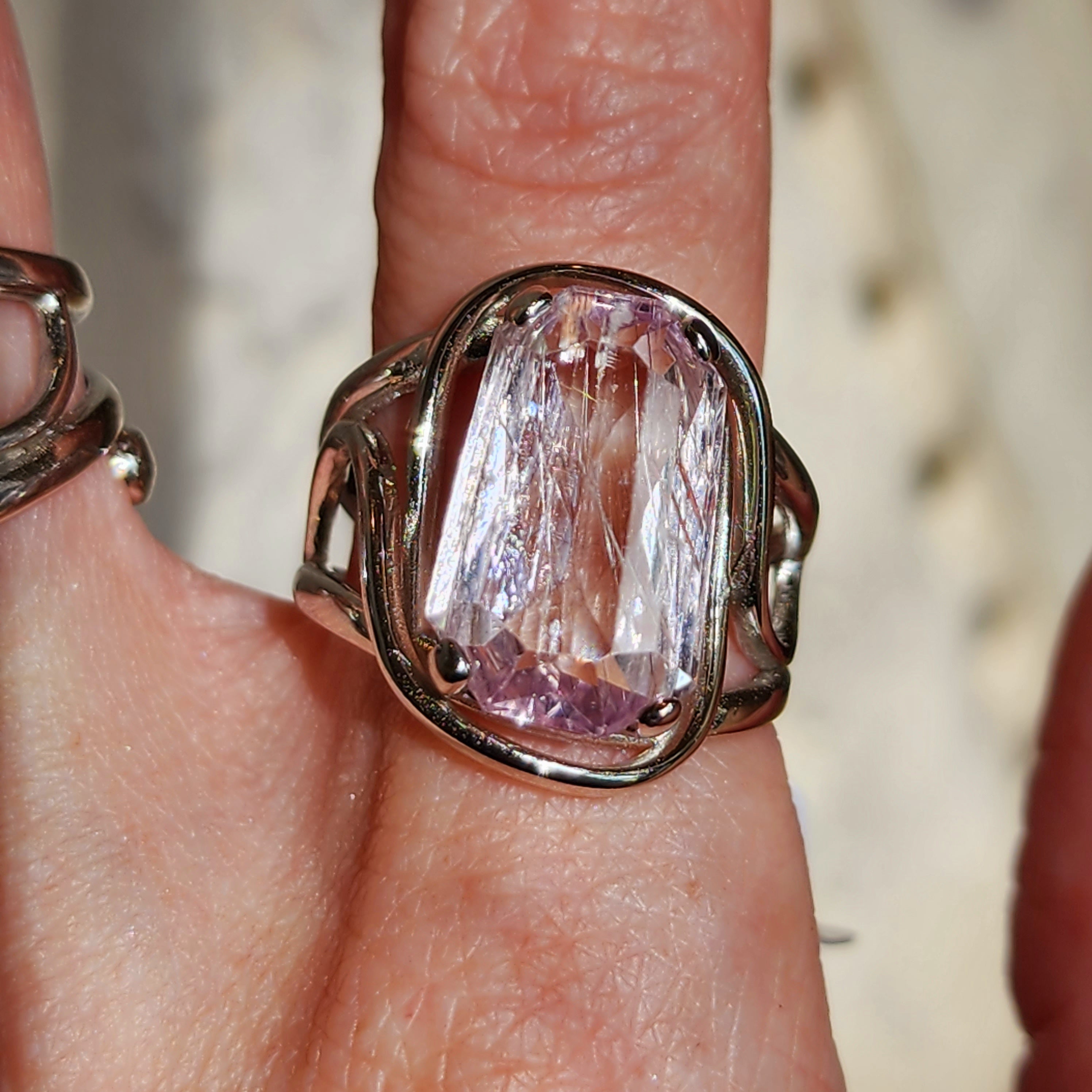 Kunzite with Silver Rutile Finger Cuff Adjustable Ring .925 Silver (High Quality) for Emotional Healing, Joy and Love