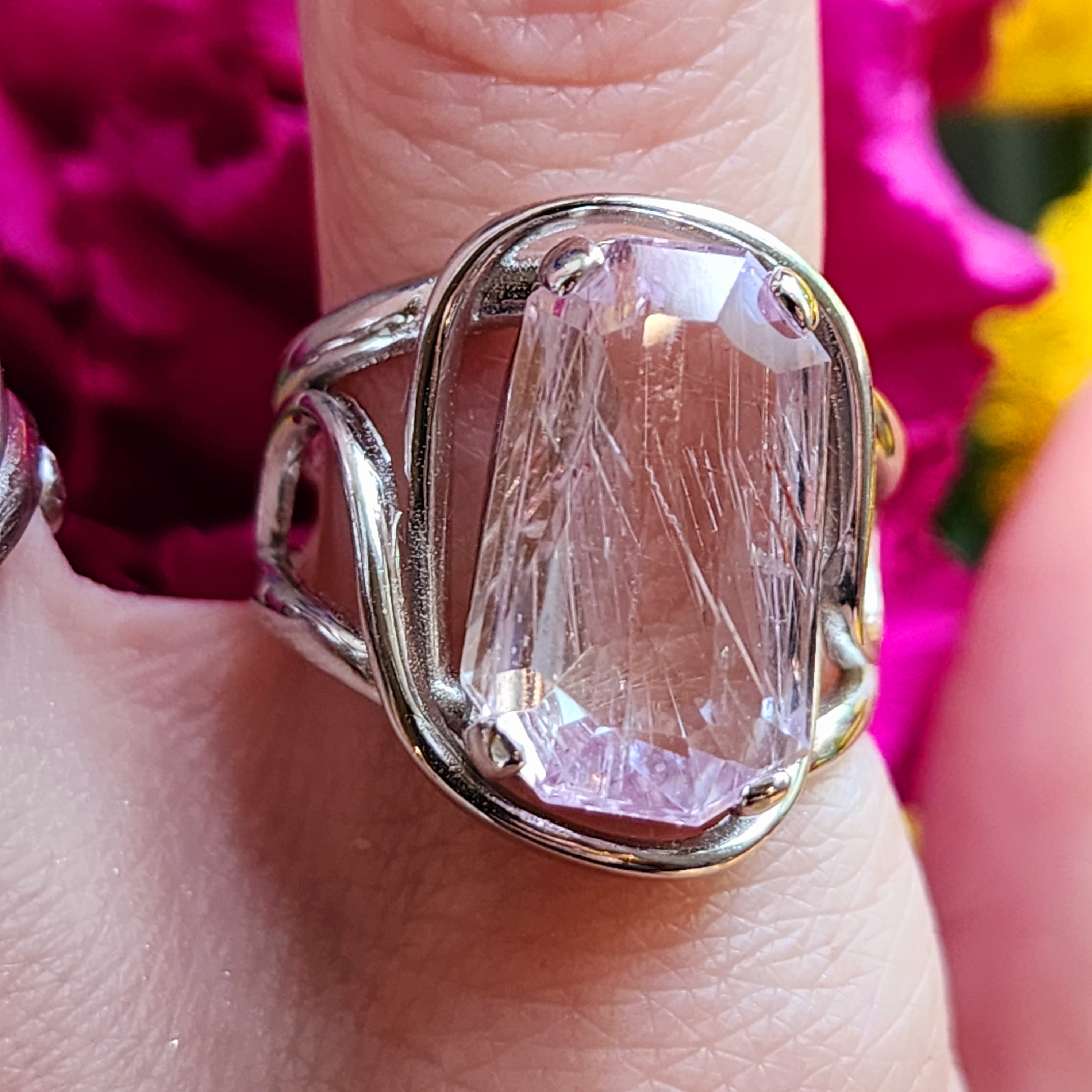 Kunzite with Silver Rutile Finger Cuff Adjustable Ring .925 Silver (High Quality) for Emotional Healing, Joy and Love