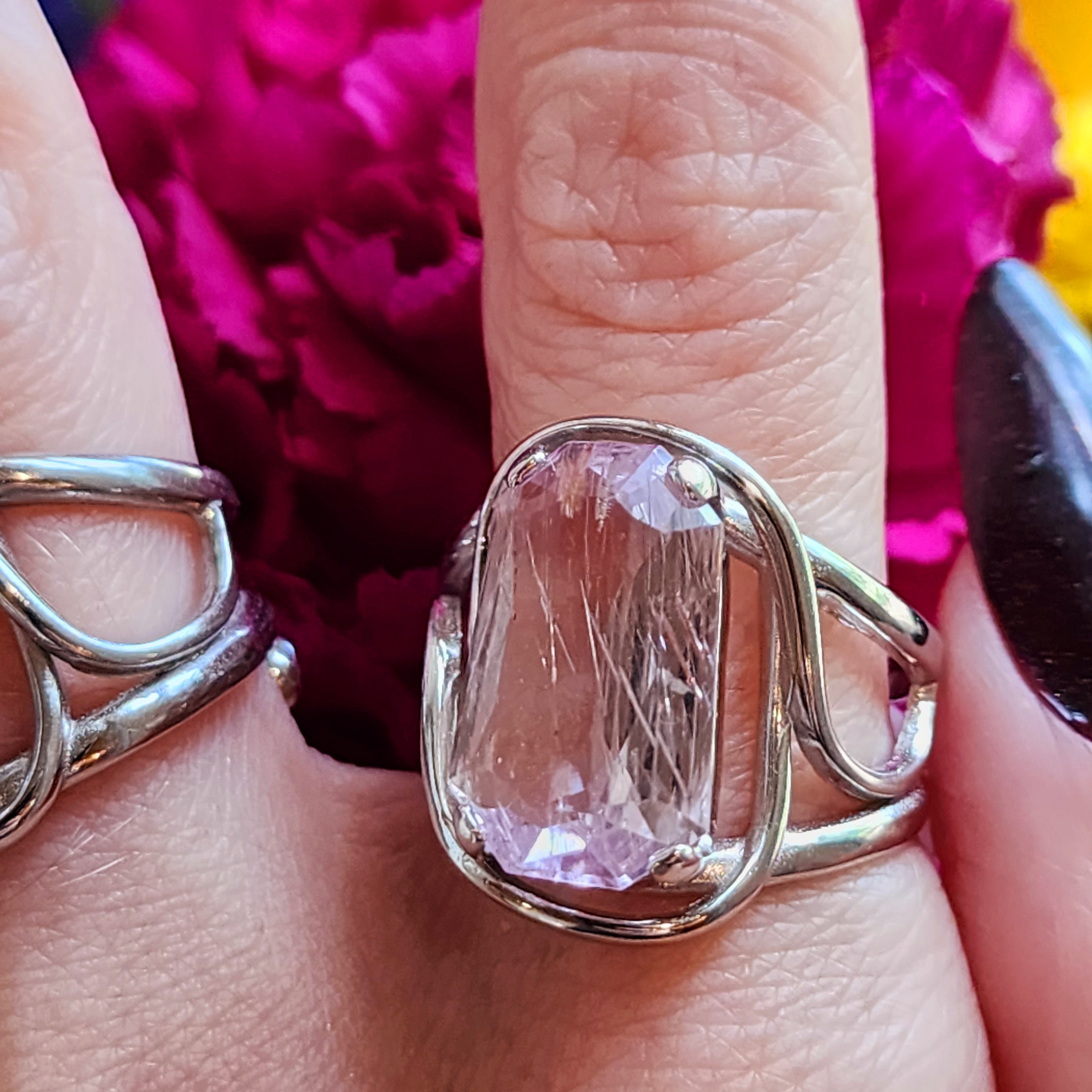 Kunzite with Silver Rutile Finger Cuff Adjustable Ring .925 Silver (High Quality) for Emotional Healing, Joy and Love