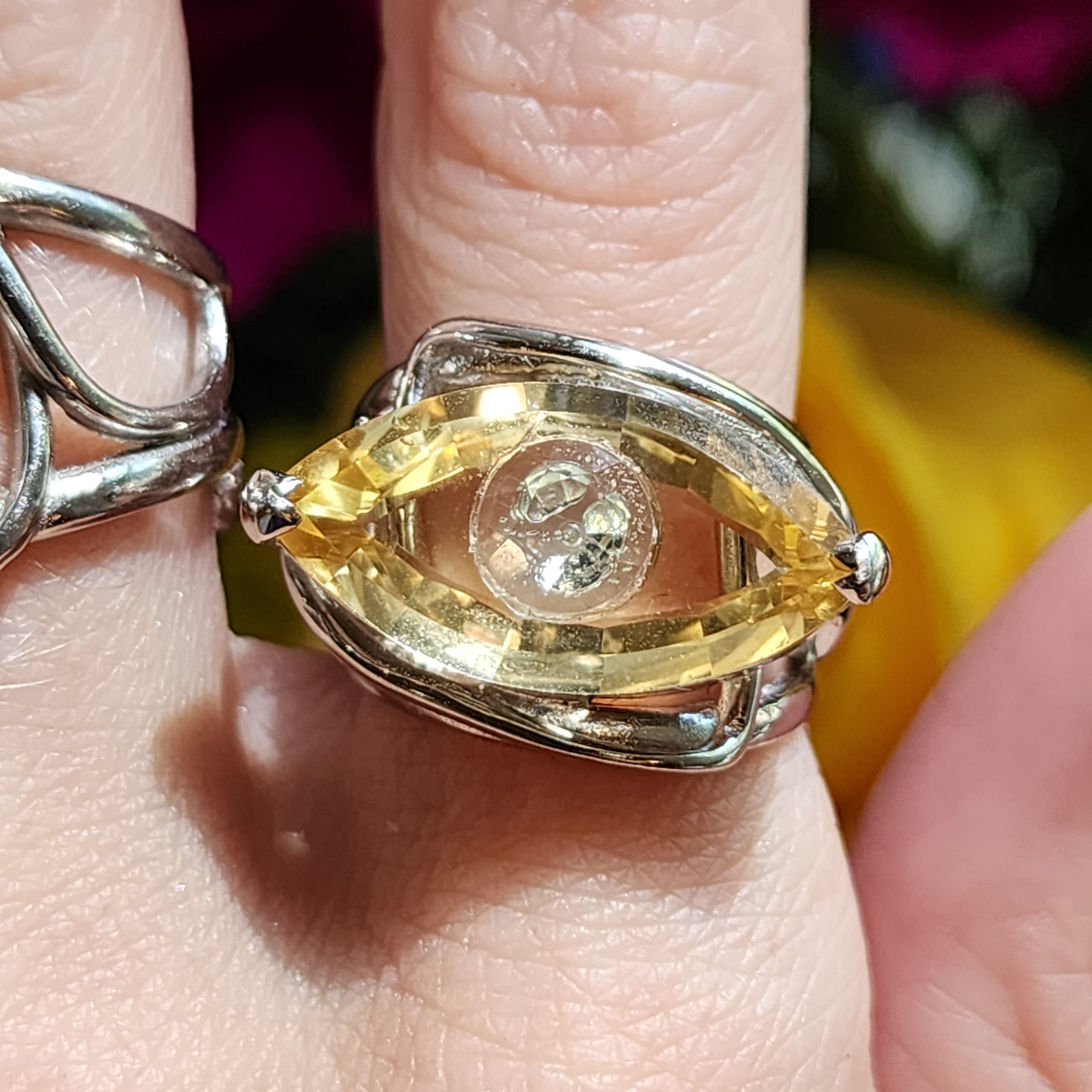 Citrine Evil Eye with Blue Topaz Inlay Adjustable Finger Cuff Ring .925 Silver for Abundance, Intuition, Luck and Protection