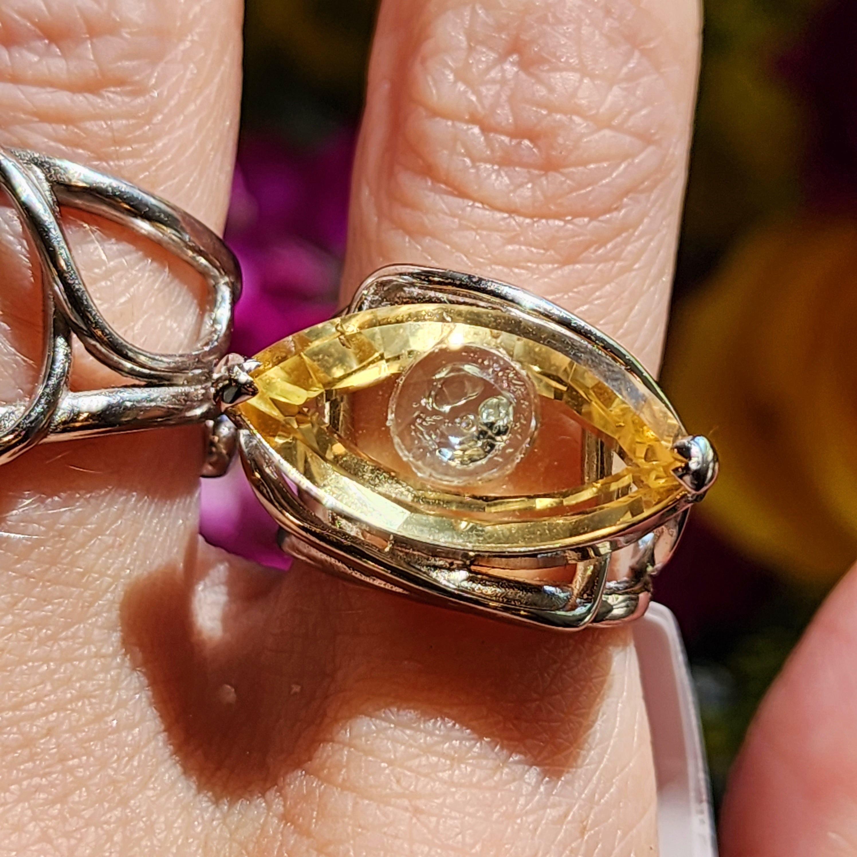Citrine Evil Eye with Blue Topaz Inlay Adjustable Finger Cuff Ring .925 Silver for Abundance, Intuition, Luck and Protection