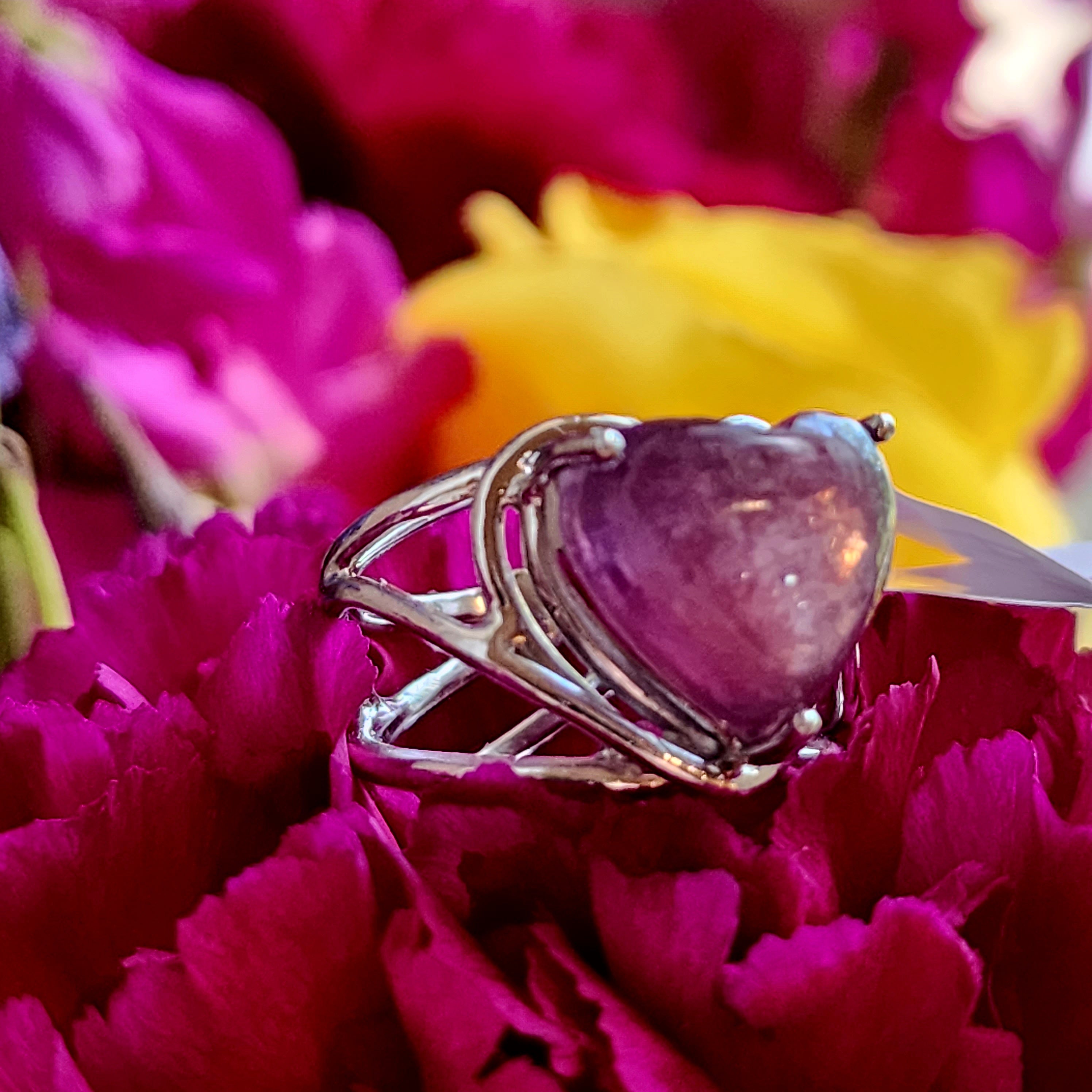 Gem Lepidolite Heart Finger Cuff Adjustable Ring .925 Silver for Balancing the Emotional Body & Calming the Mind