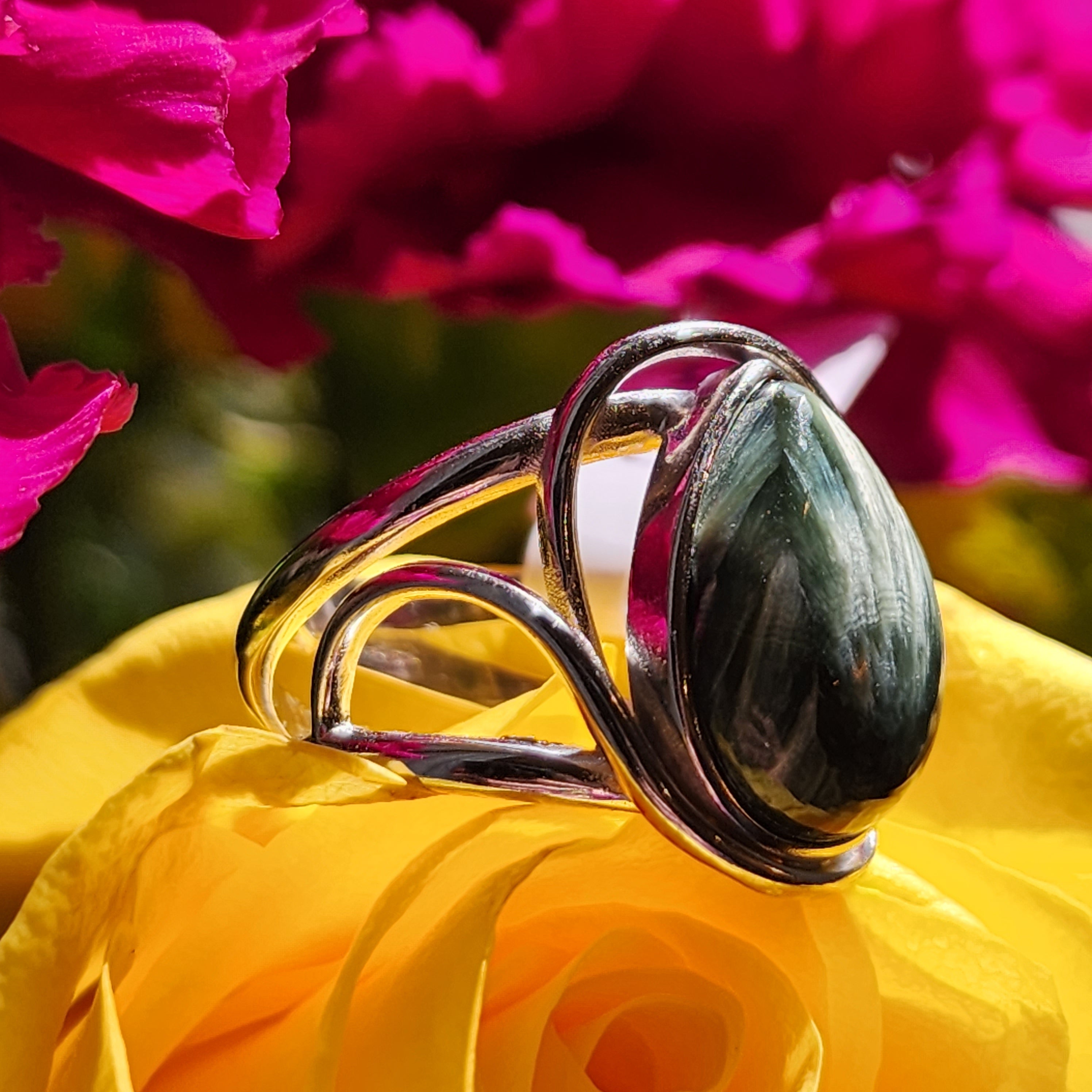 Seraphinite Finger Cuff Adjustable Ring .925 Silver for Harmony, Enhanced Meditation and Regeneration