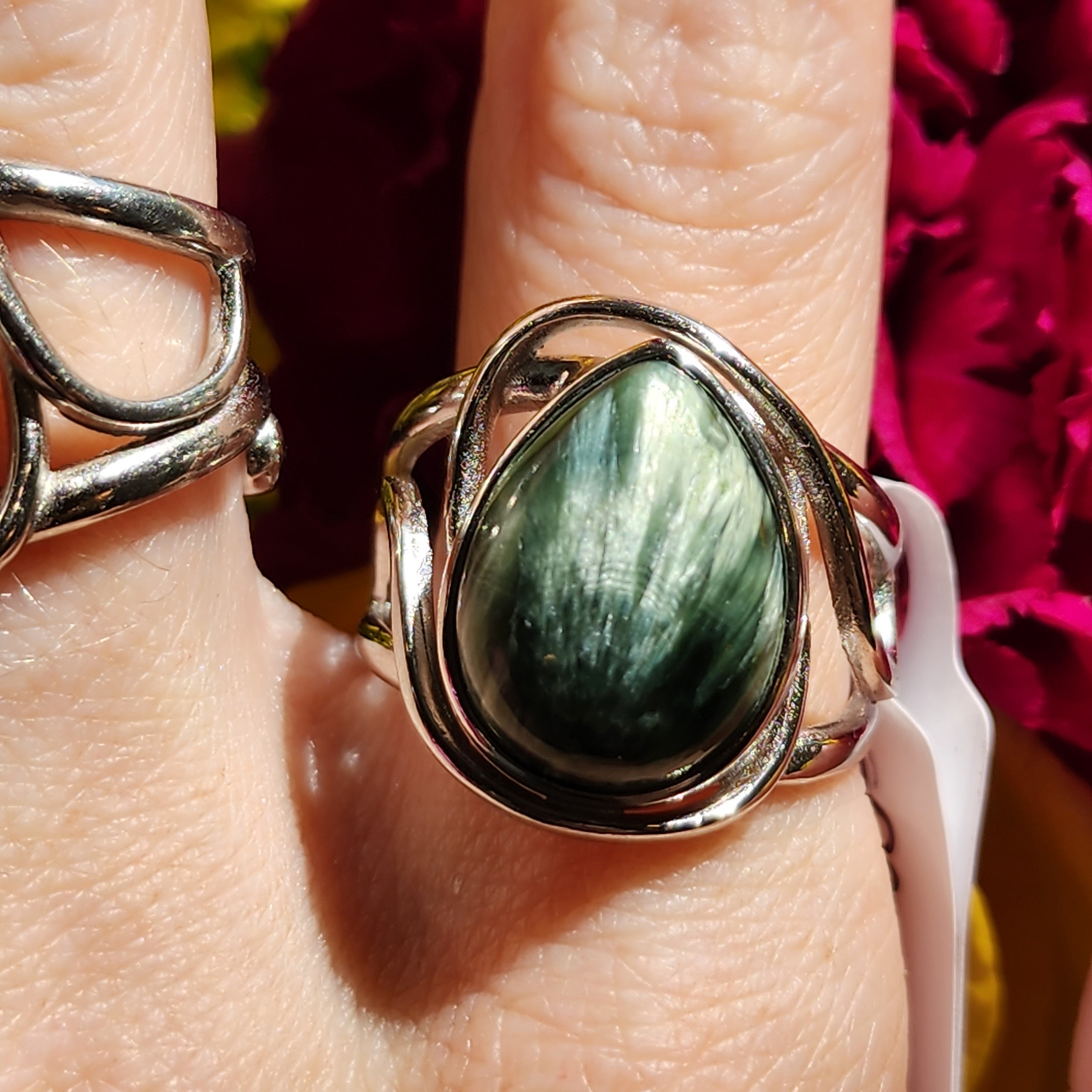 Seraphinite Finger Cuff Adjustable Ring .925 Silver for Harmony, Enhanced Meditation and Regeneration