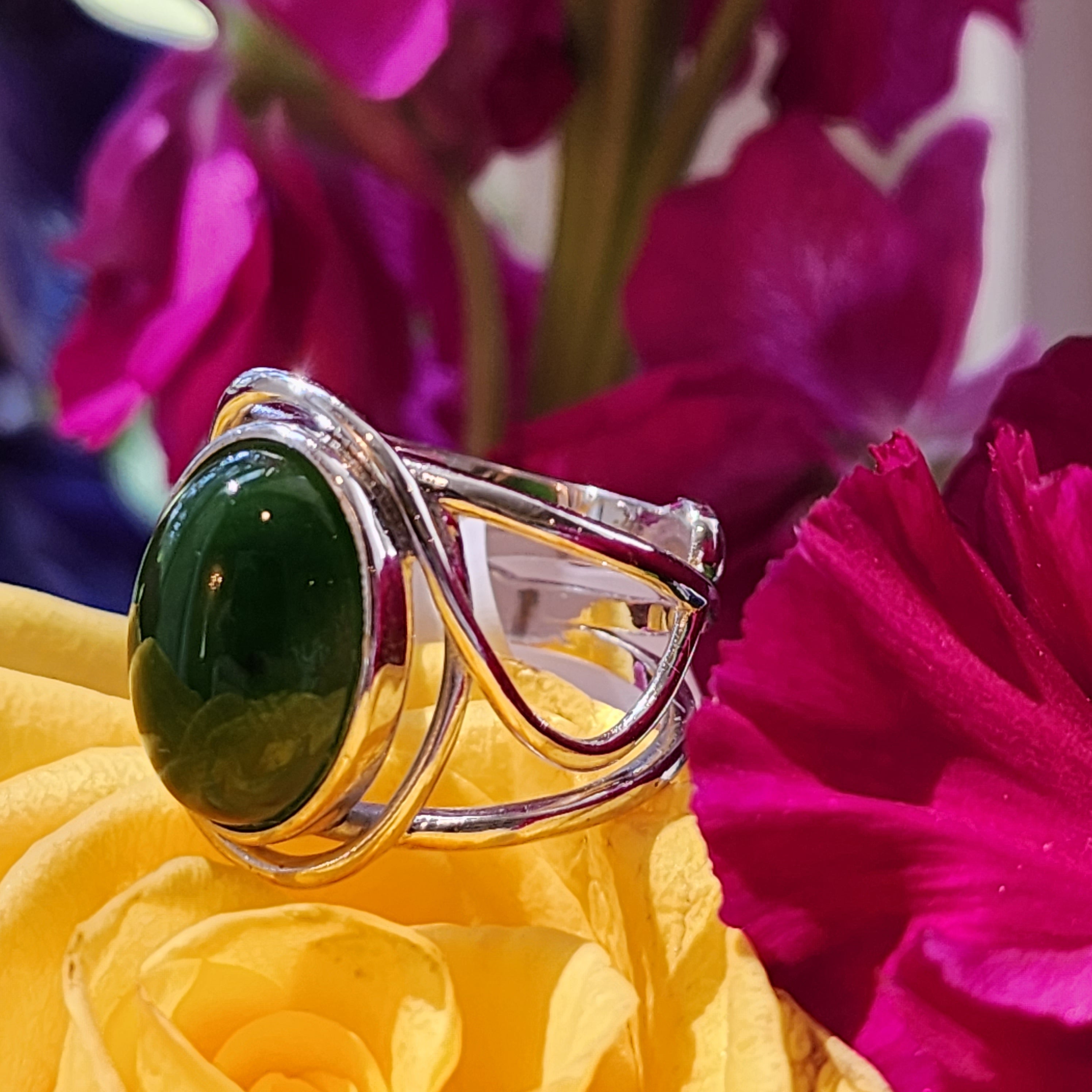 Nephrite Jade Finger Cuff Adjustable Ring .925 Silver for Abundance, Health and Heart Healing