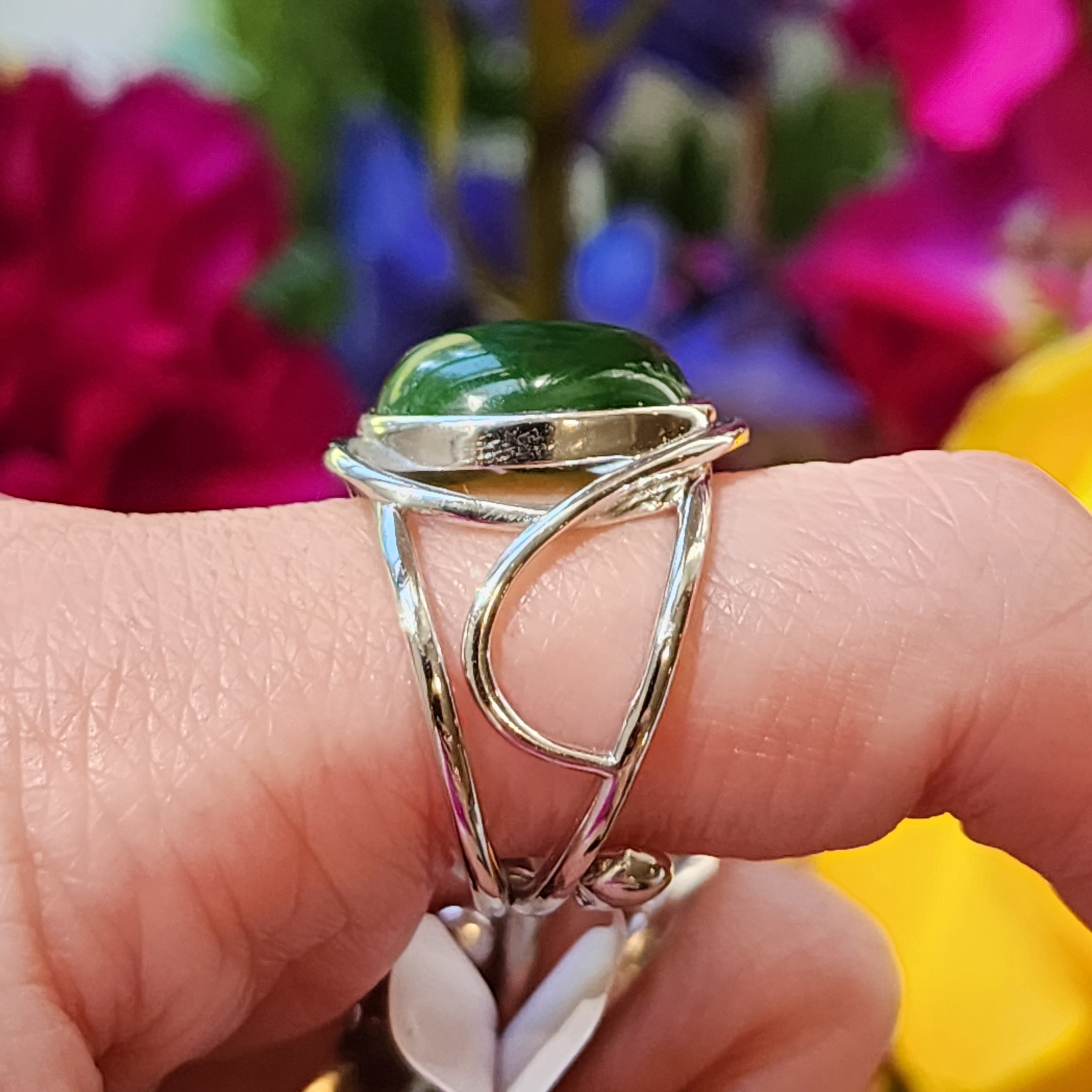 Nephrite Jade Finger Cuff Adjustable Ring .925 Silver for Abundance, Health and Heart Healing