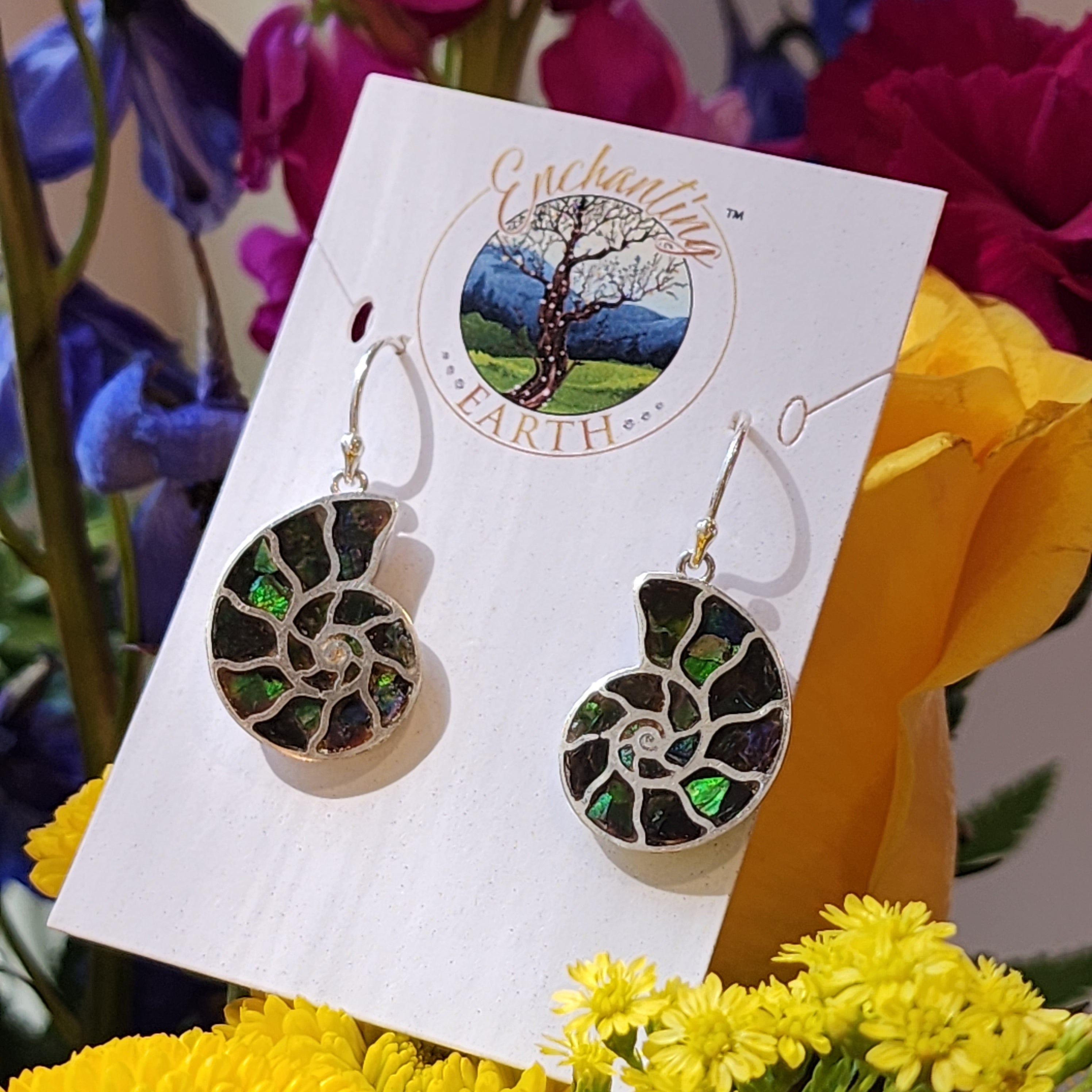 Ammolite Inlay Earrings .925 Silver for Good Luck, Prosperity and Protection