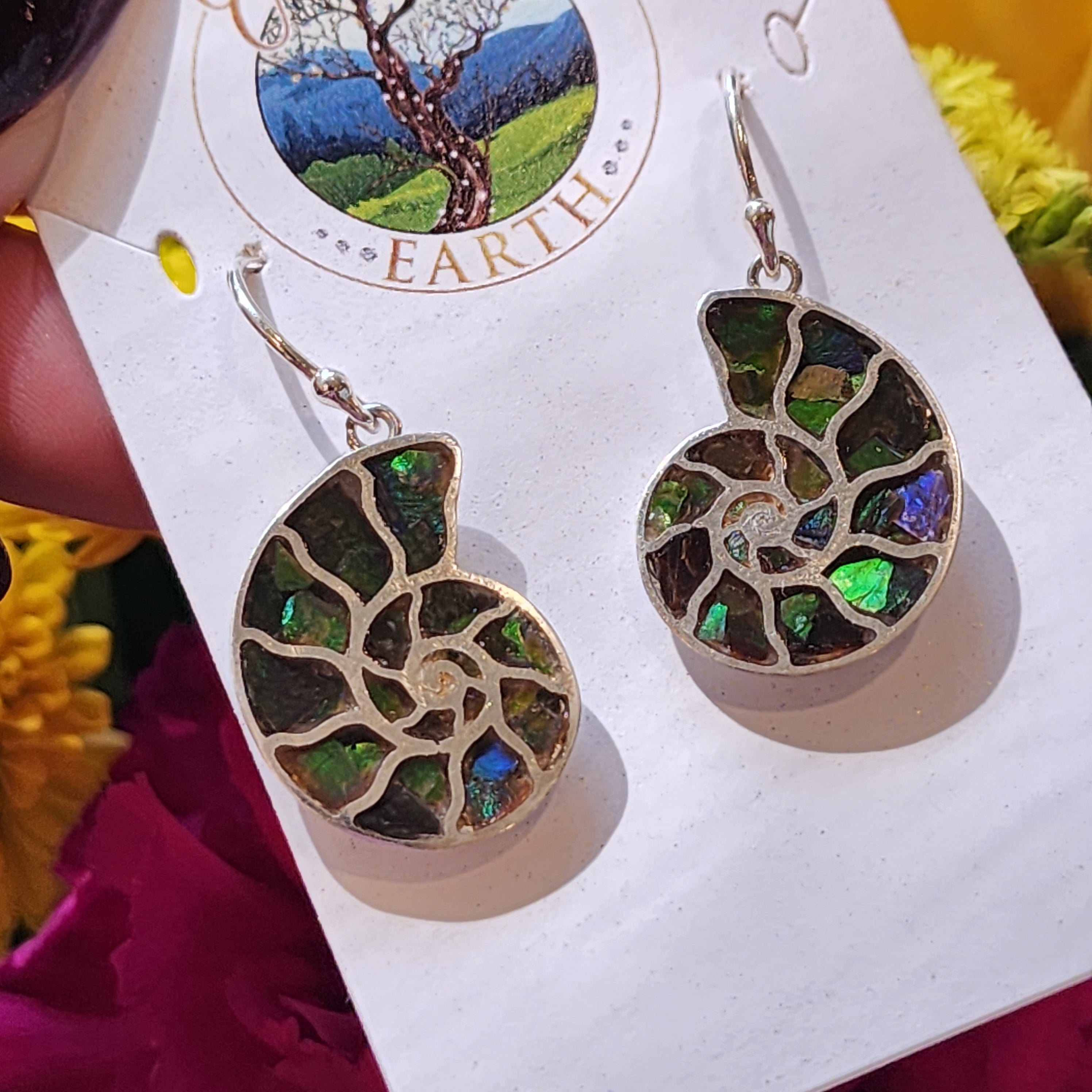 Ammolite Inlay Earrings .925 Silver for Good Luck, Prosperity and Protection