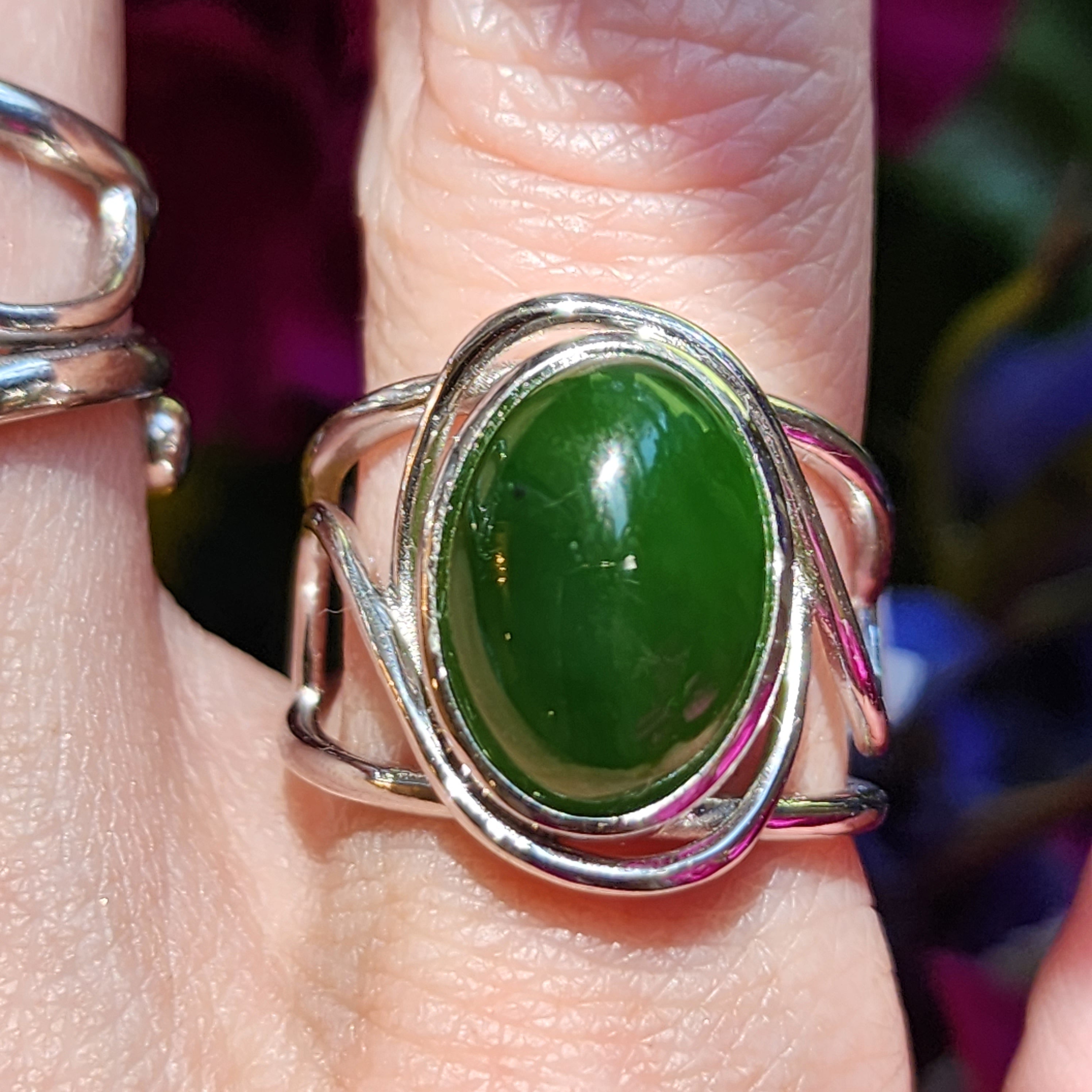 Nephrite Jade Finger Cuff Adjustable Ring .925 Silver for Abundance, Health and Heart Healing