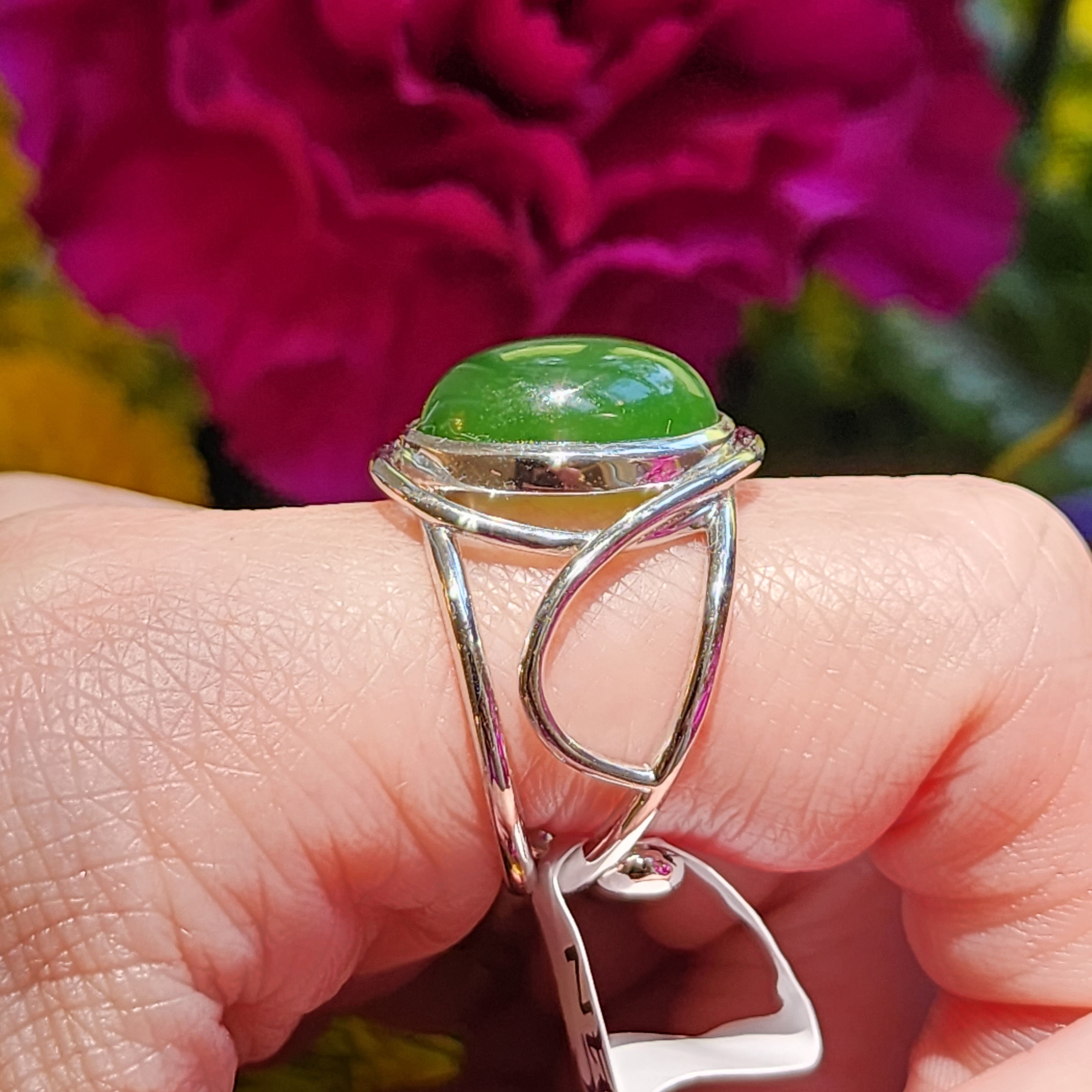 Nephrite Jade Finger Cuff Adjustable Ring .925 Silver for Abundance, Health and Heart Healing