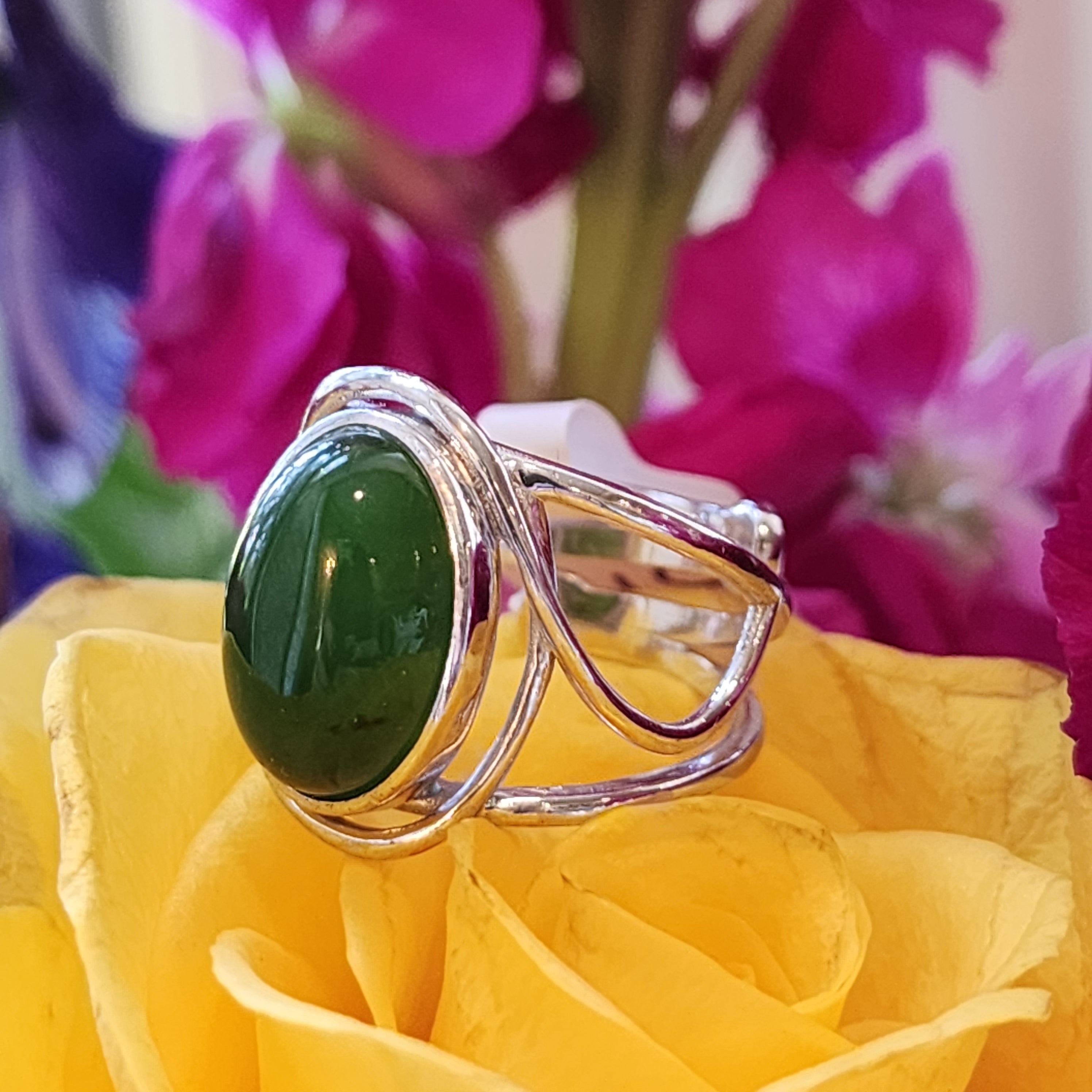 Nephrite Jade Finger Cuff Adjustable Ring .925 Silver for Abundance, Health and Heart Healing